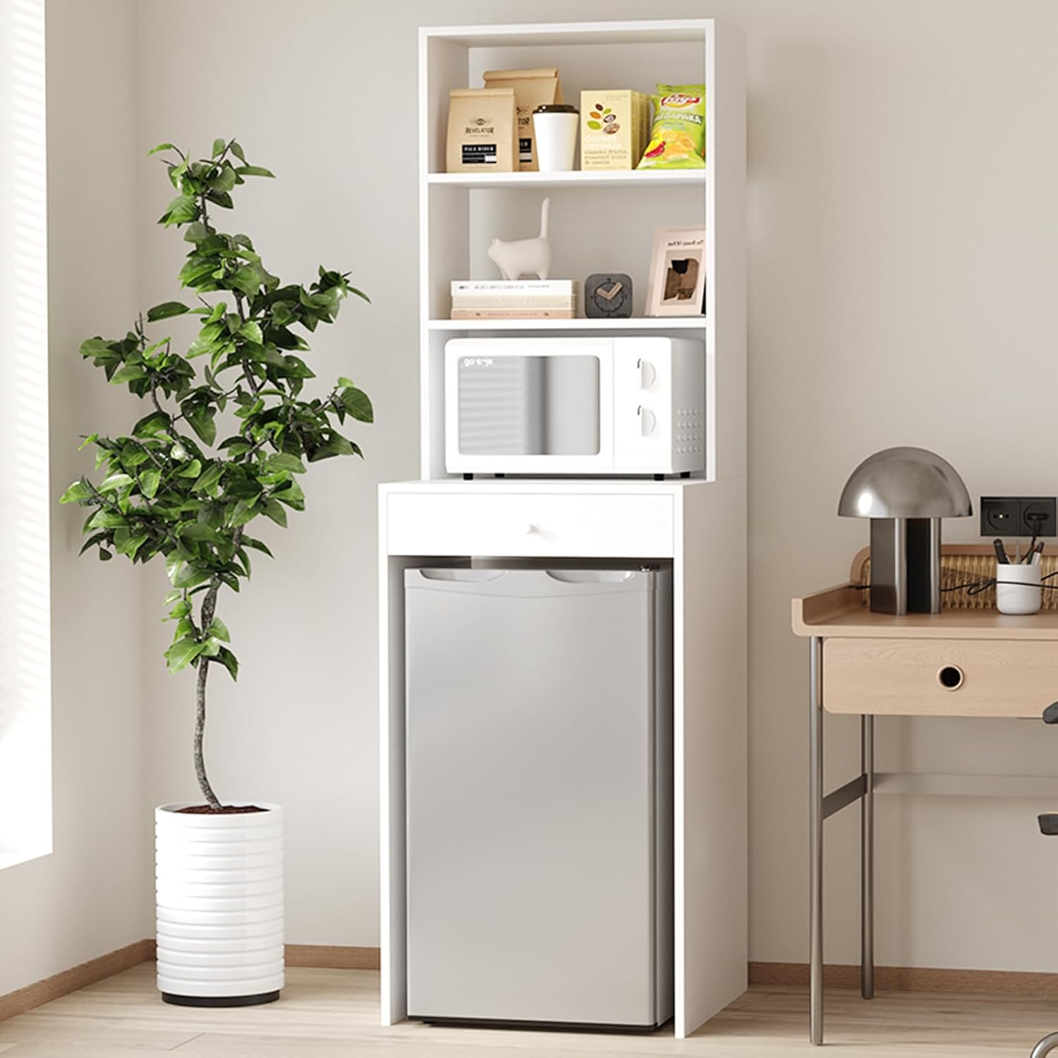 Mini Fridge Cabinet for Kitchen with Storage Shelves and Microwave Space, Includes Drawer,Free Standing Kitchen Shelf Rack, Microwave Oven Stand with Storage