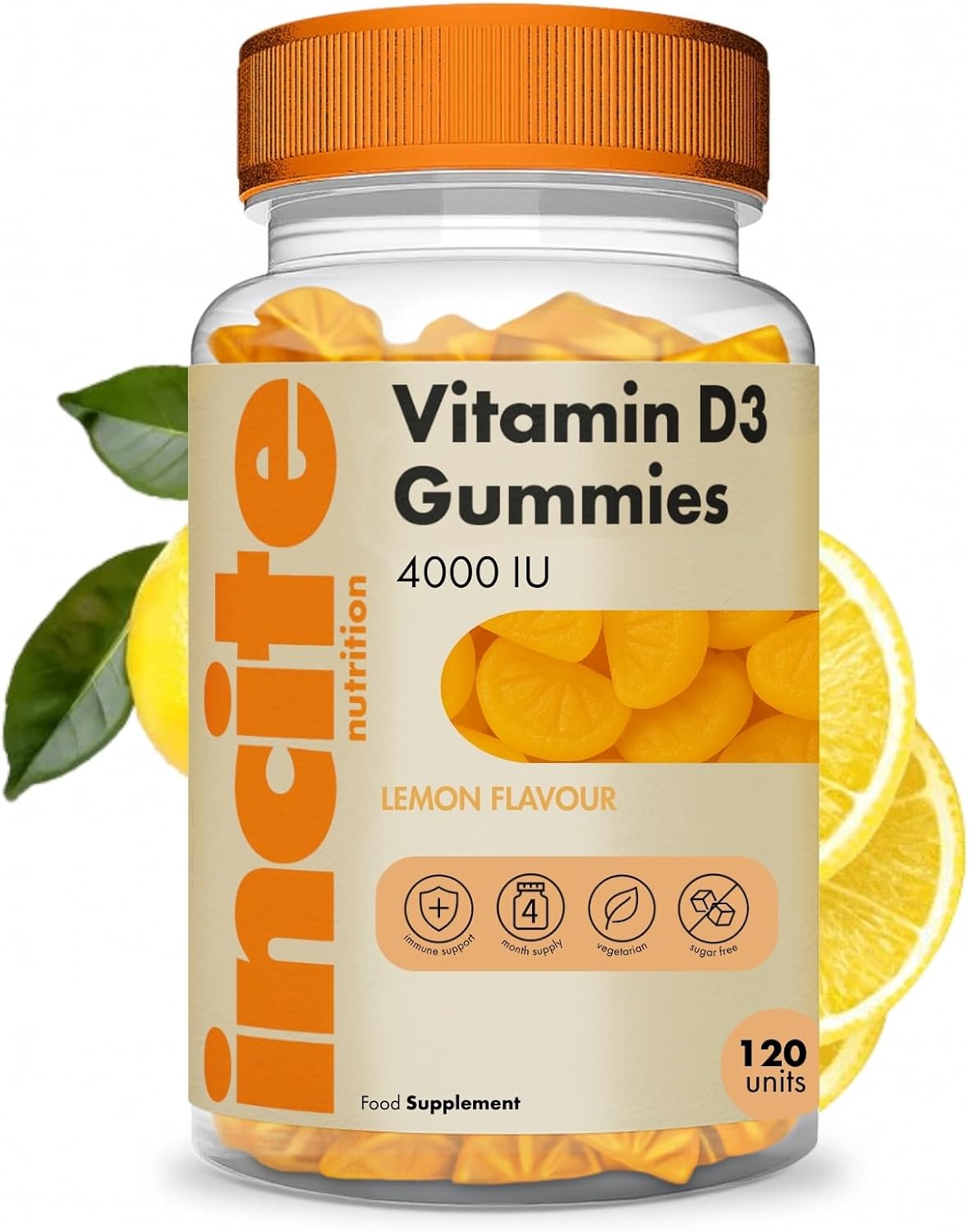 Incite Nutrition Vitamin D Gummies. 120 Lemon Flavour Chewable High Strength Vitamin D 4000 iu Gummies. 4 Month Supply of D3 Vitamins for Muscle Function, Immune Health and Year-Round Wellness