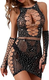 Fishnet Lingerie Womens Mesh Chemise One Piece Babydoll Mini Dress Lace Sparkle Rhinestone Lingeries for Women Black
