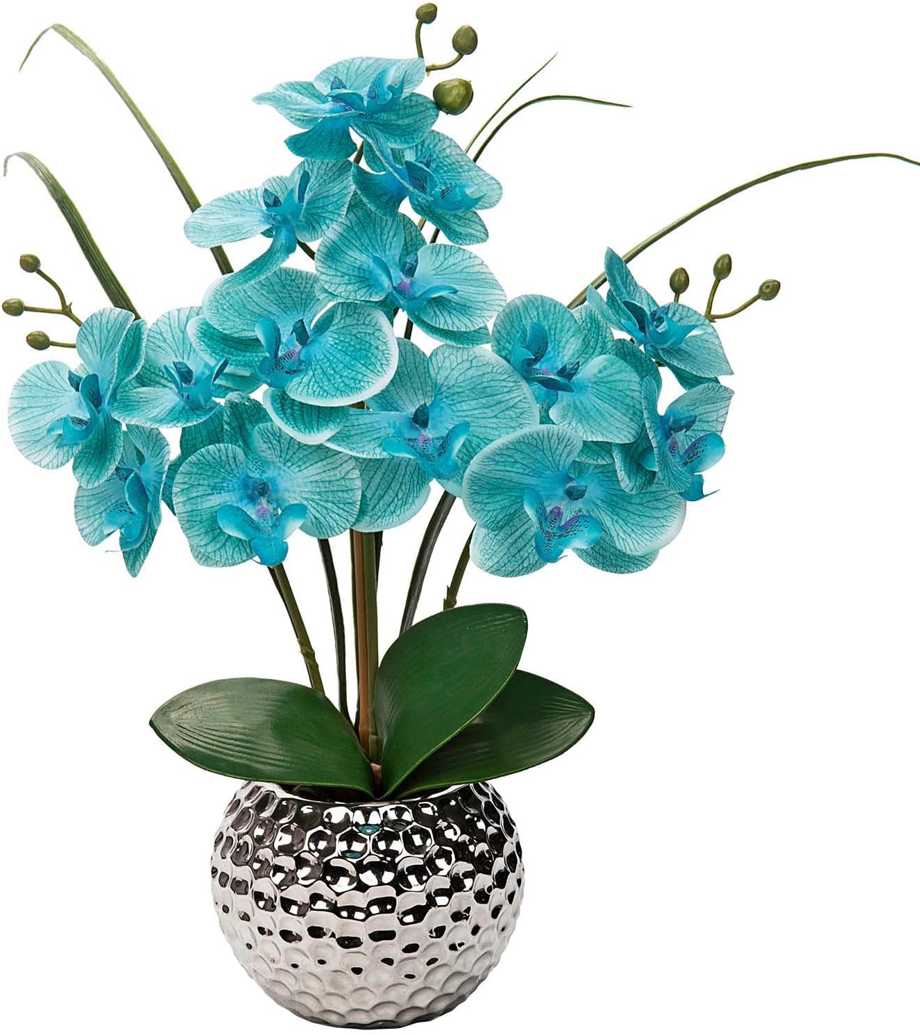 Briful 20.8" Artificial Flowers Silk Orchid in Silver Ceramic Pot, Silk Flowers Orchid Plant Blue Artificial Phalaenopsis Flowers for Wedding Coffee Table Centerpiece Home Decor