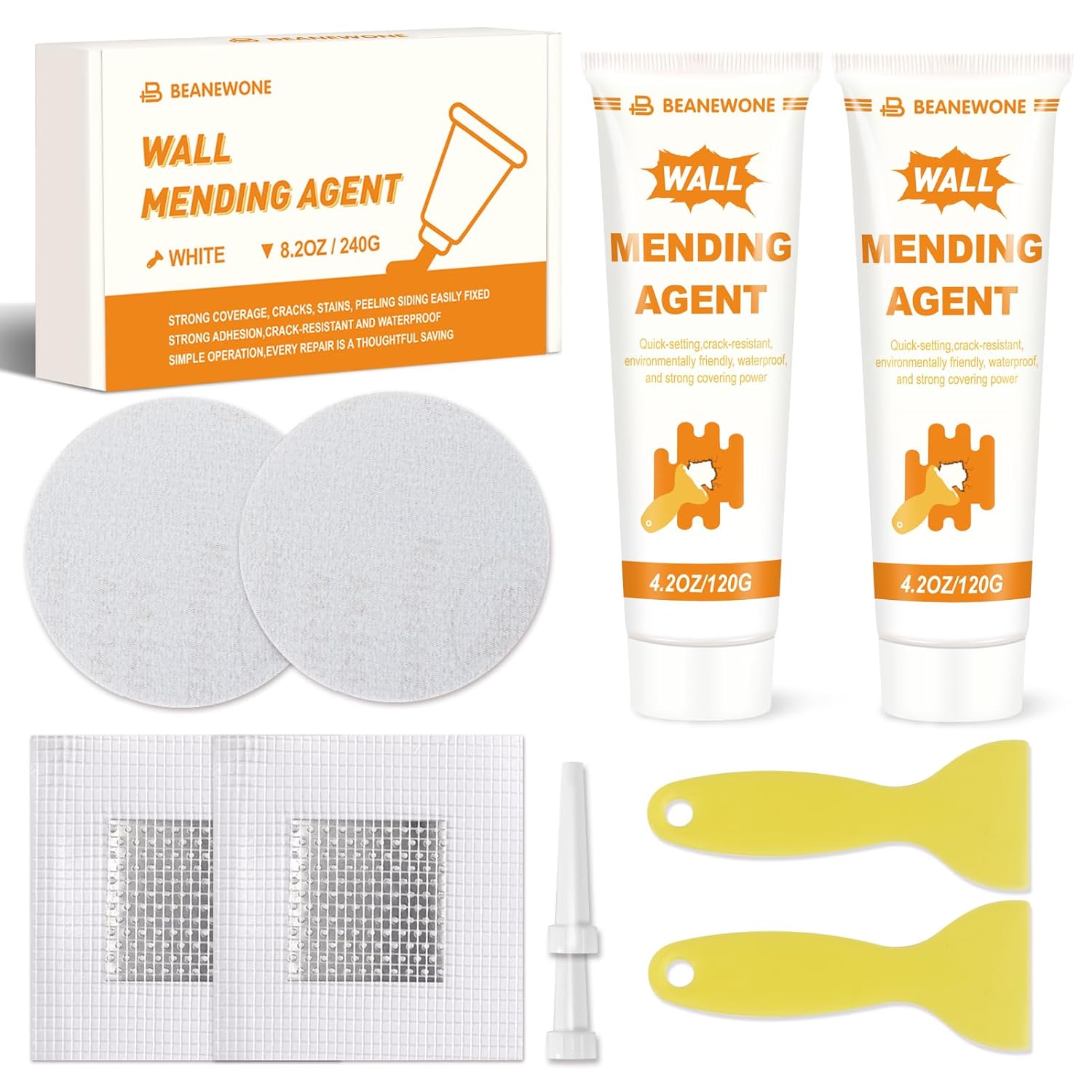Beanewone Wall Filler Repair Kit, Wall Mending Agent White 2 x 120 g, Wall Filler Ready Mixed for Holes, Peeling, Graffiti, Crack