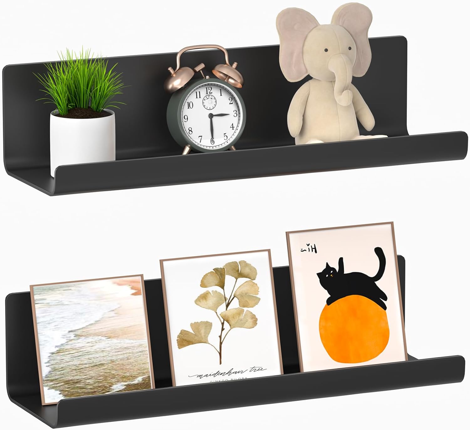 WELDUN Floating Shelves, Set of 2 Wall Mounted Shelf, Picture Ledge Display, Decorative Wall Shelves for Living Room, Bedroom, Bathroom, Kitchen, Home Office, Laundry room, Plastic, Black