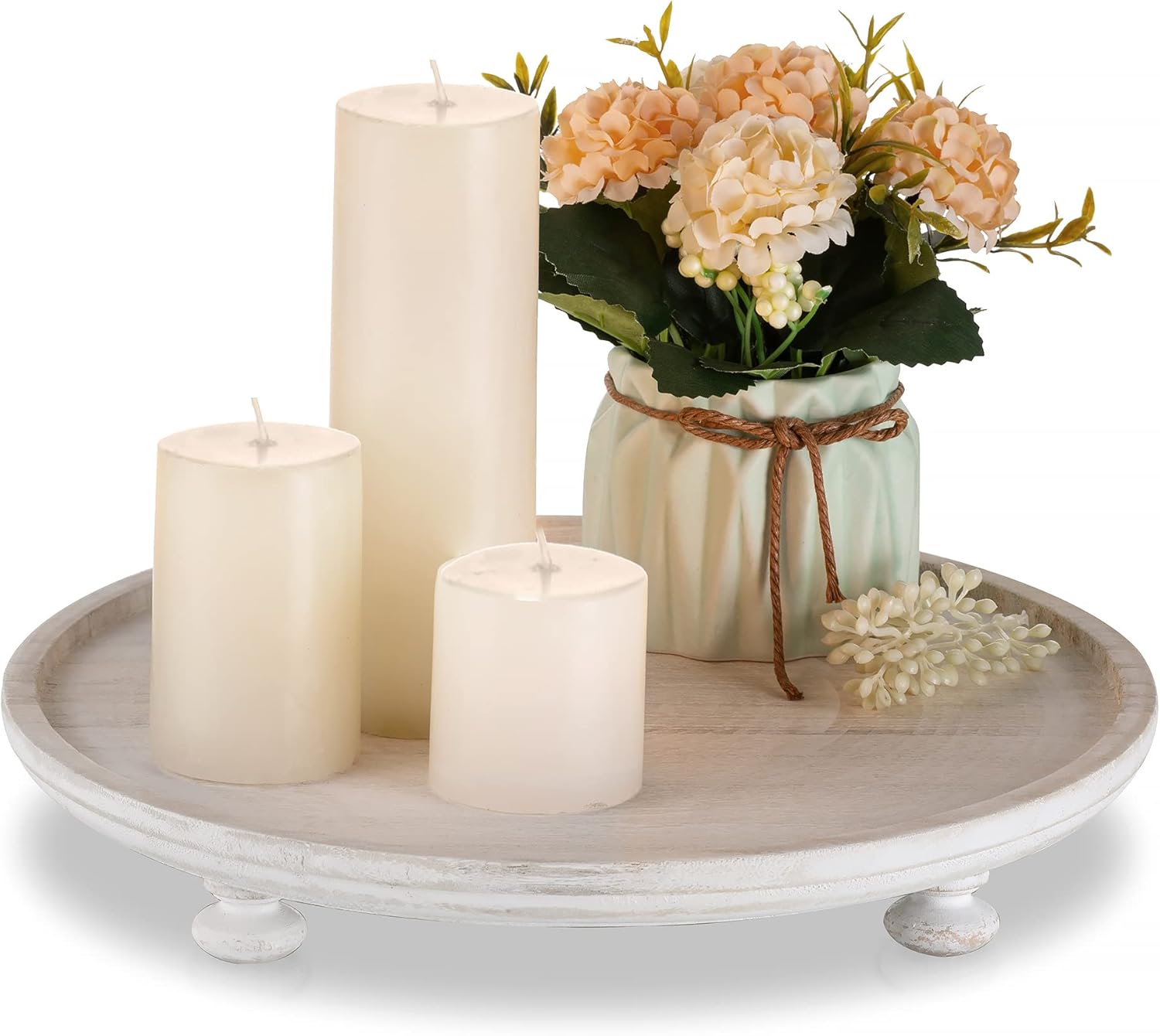 Hanobe Wood Risers for Decor: Rustic Round Wooden Pedestal Stand Tray for Display Farmhouse Table Decorative Risers for Dessert Candle Cake Plant, White 11"