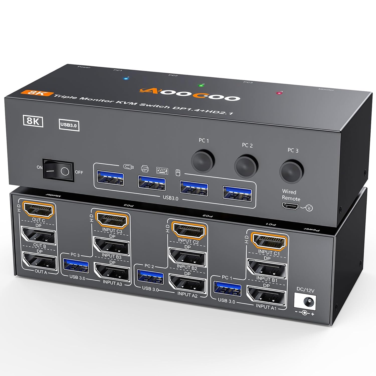 8K@60Hz HDMI Displayport KVM Switch 3 Monitors 3 Computers 4K@144Hz Triple Monitor KVM Switches with USB 3.0 Port,Wired Remote,Power Adapter and USB3.0 Cables Included(3 PC 3 Monitor 8K DP HDMI KVM)
