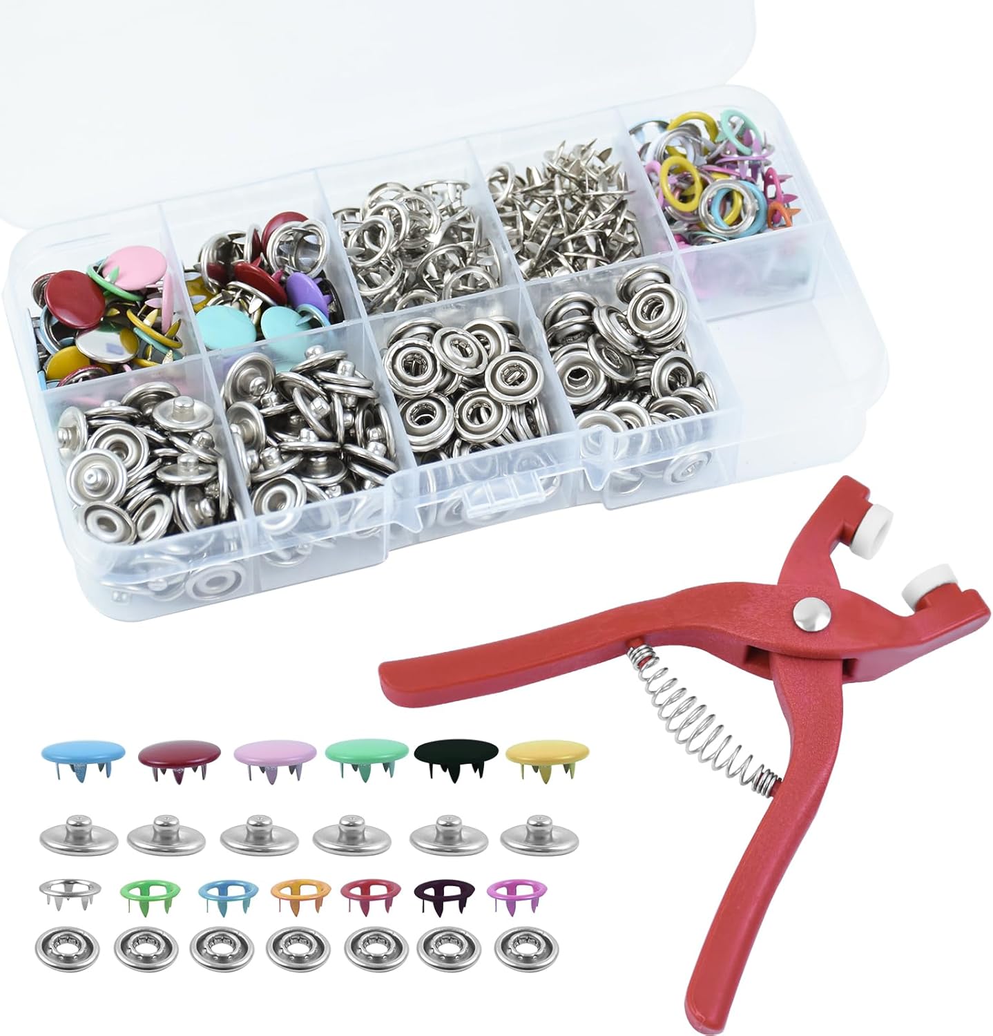 100 Set Snap Button Fastener Kit, Metal Snaps Buttons with Fastener Pliers Press Tool Kit Five Claw Buckle Tool Set Press Studs Snap Fasteners No Sewing Poppers Fasteners for Sewing Diy Crafts Clothes