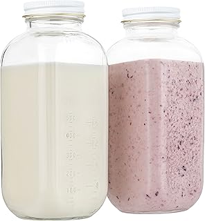 32oz Square Glass Milk Bottle with White Metal Airtight Lids - Vintage Reusable Milk Jugs - Dairy Drinking Containers for Milk, Yogurt, Smoothies, Kefir, Kombucha, and Water- by kitchentoolz
