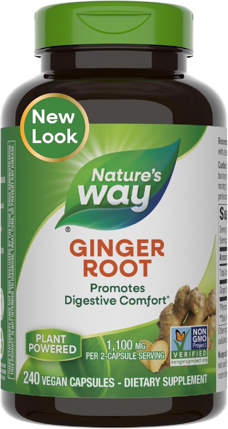 Nature's Way Ginger Root, Promotes Digestive Comfort*, Reduces Motion-Related Nausea*, 1,100 mg Per 2-capsule Serving, Non-GMO Project Verified, Vegan, 240 Capsules