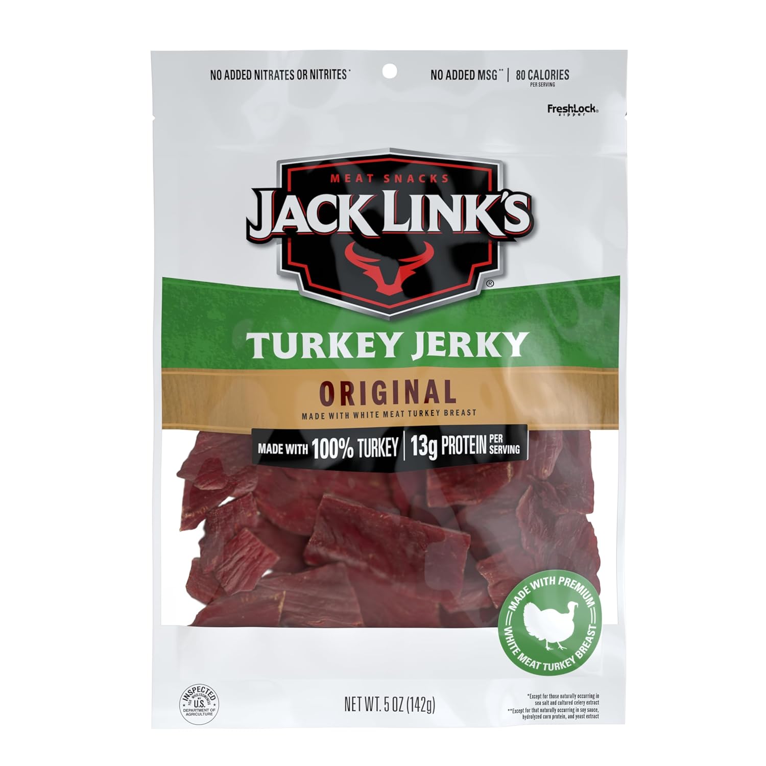 Jack Link's Turkey Jerky, Original, Jerky Bag - Flavorful Snack, Ready to Eat Protein Snacks with 13g of Protein per Serving, Made with 100% Turkey, Keto Friendly - 5 Oz.