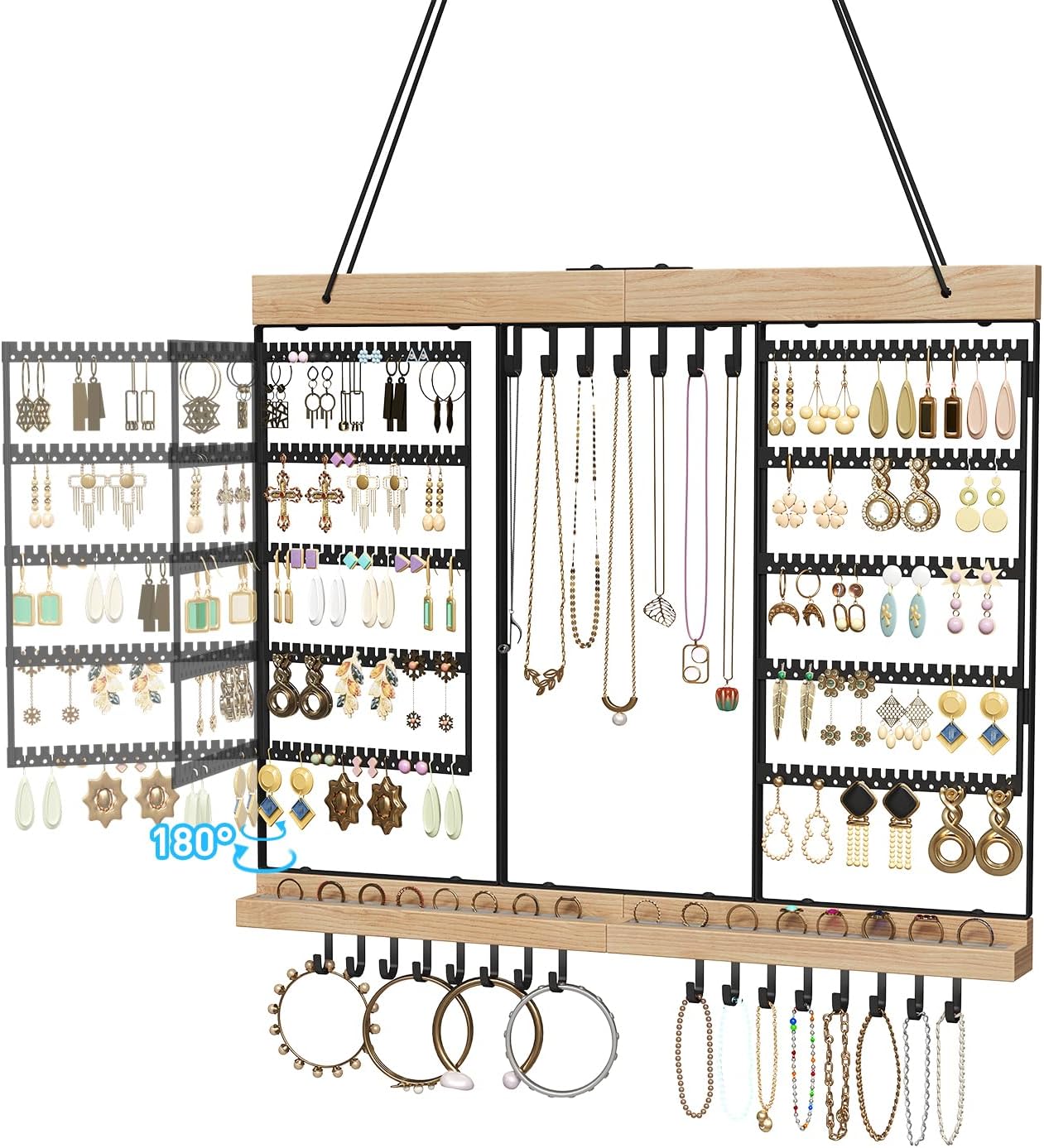 Large Rotating Hanging Jewelry Organizer, 5-Tier Earring Holder Storage Holds up to 180 Pairs, Wall Mounted Jewelry Rack for Earrings, Necklaces, Bracelets and Rings, Black, for Girls
