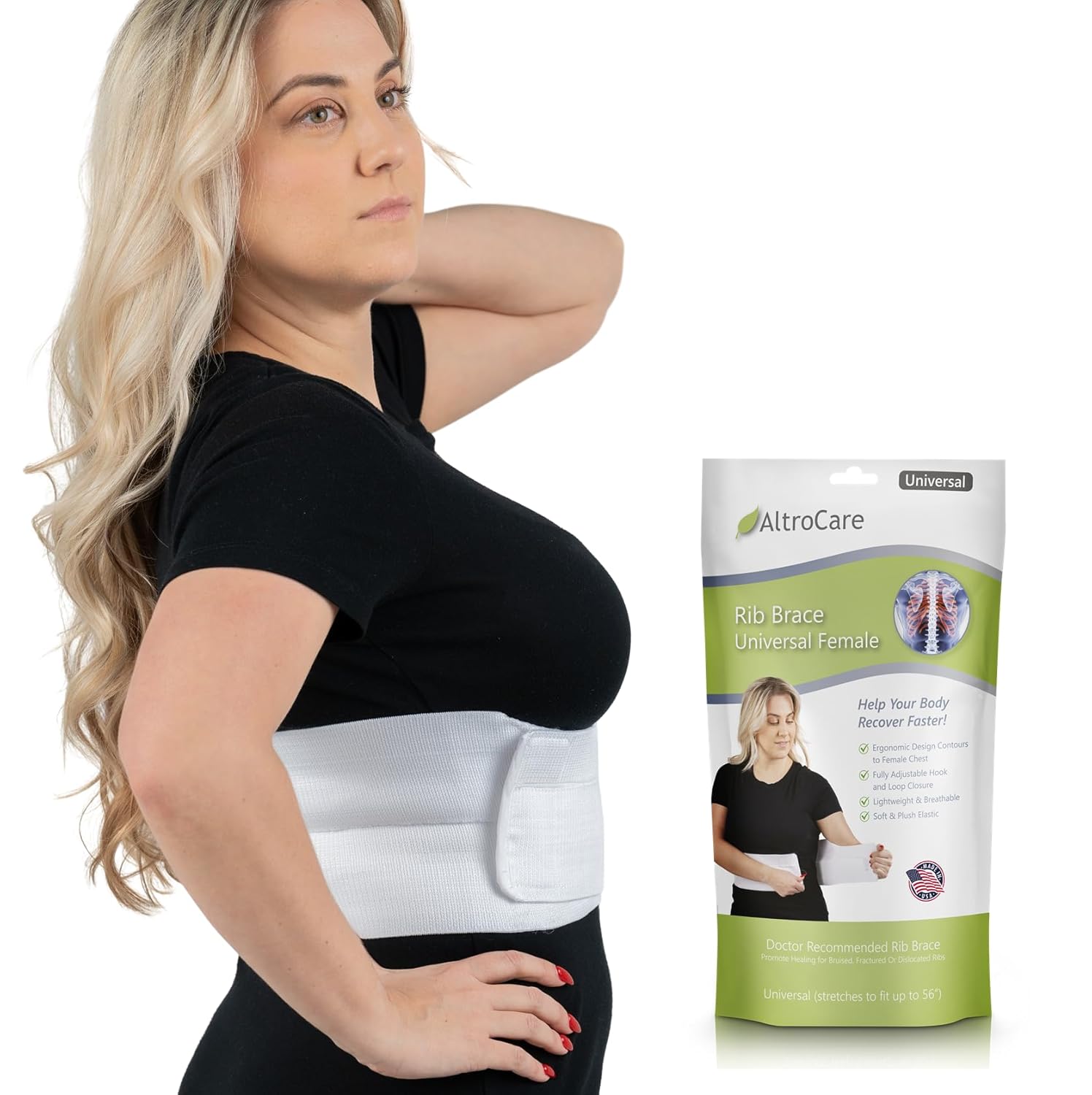 Women's Rib Brace and Support Belt for Bruised, Fractured or Dislocated Ribs. Compression Wrap Contours to Female chest. (Universal Female)