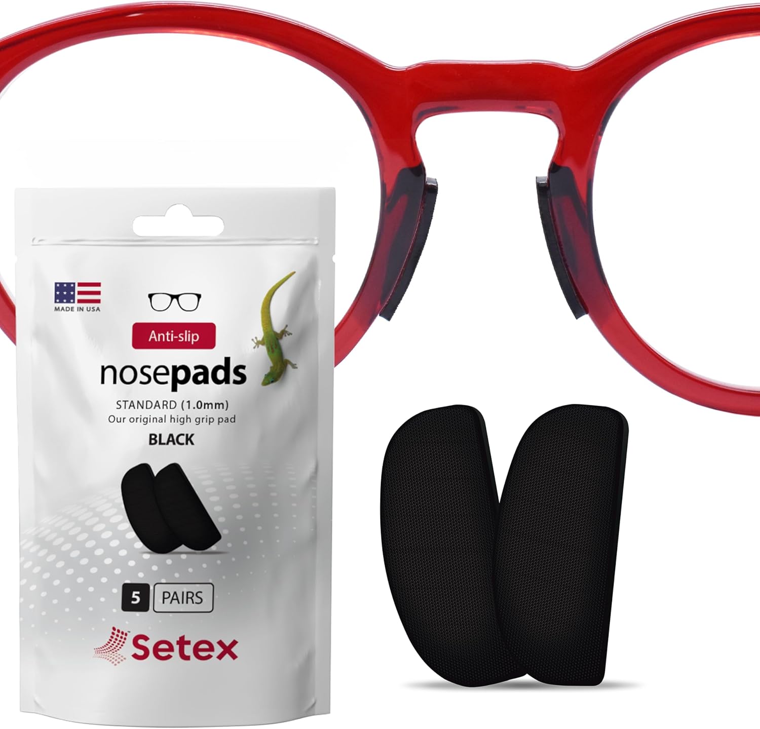 Setex Gecko Grip 1mm Anti Slip Eyeglass Nose Pads, (5 Black Pair) USA Made, 2500 Innovative Microstructured Fibers per Nose Pad, 1mm x 7mm x 16mm