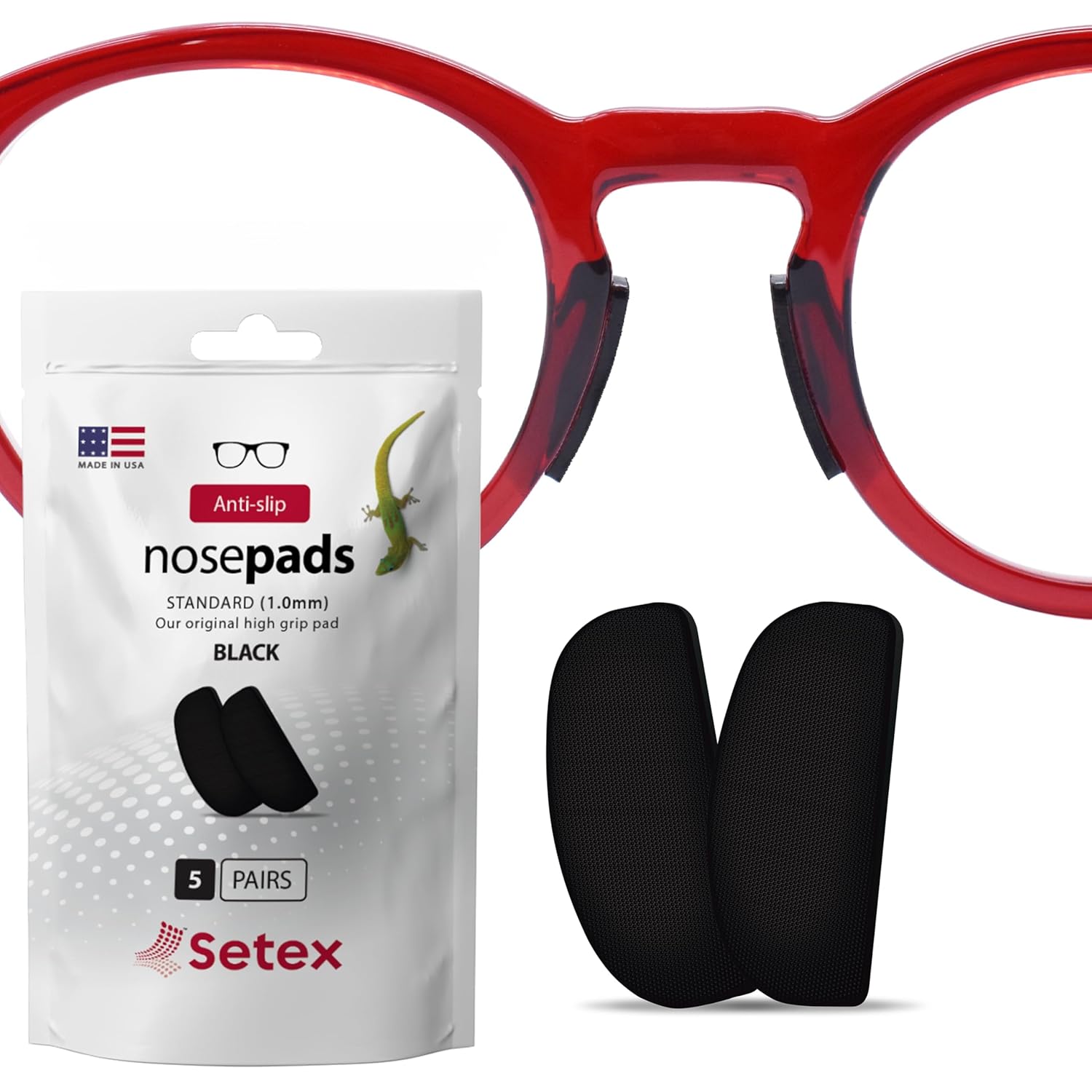 Setex Gecko Grip Glasses Nose Pads (5 Black Pairs) - Anti-Slip Nose Pads for Glasses, USA Made, Micro-Structured Fibers, Ultra-Strong Grip and Ultra-Soft, Self Stick Adhesive, 1 x 7 x 16 mm