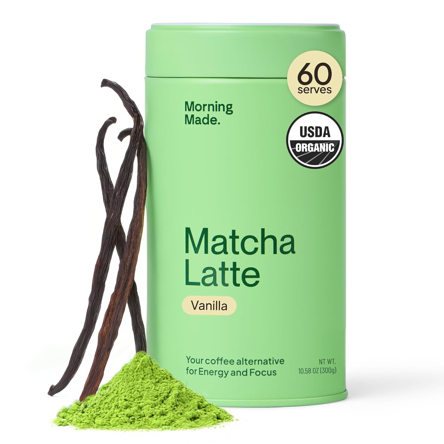 Morning Made 10.6 oz Vanilla Ceremonial Grade Matcha Powder - 60 Servings, Sweetened, USDA Organic - Premium Japanese Green Tea in Resealable Tin - Rich in Antioxidants and Energy Boosting