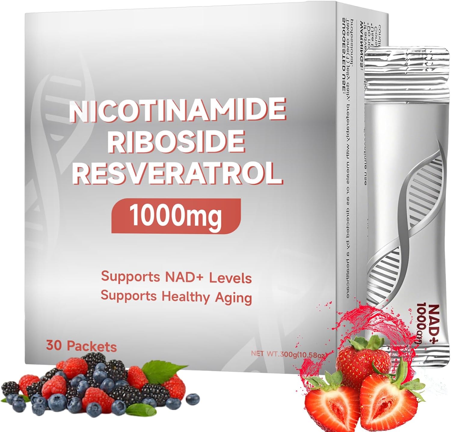 NAD Liquid Supplement - 1000mg, NAD Resveratrol Supplement, Nicotinamide Riboside and Resveratrol with PQQ, Berry Flavor Sticks for Anti-Aging, Energy, Focus - 30 Sticks - 10.5 fl. oz