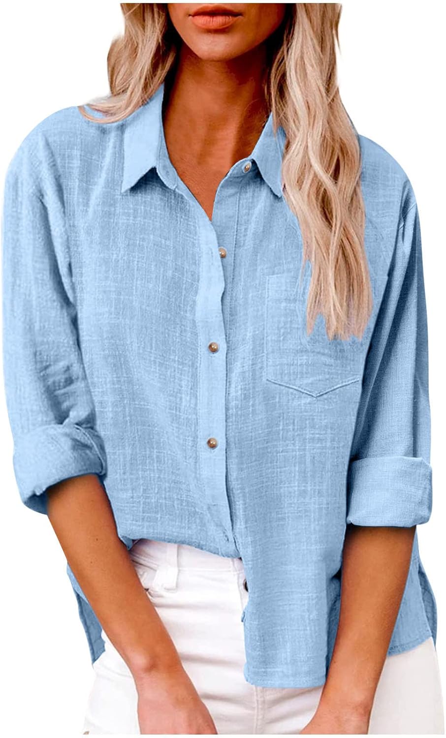 Womens Tops Clearance Womens Button Down Shirt Casual Cotton Linen Shirts Long Sleeve Dress Shirts Ladies Tops Loose Fit Dressy Pullover Blouse Office Work Blouses Tops with Pocket