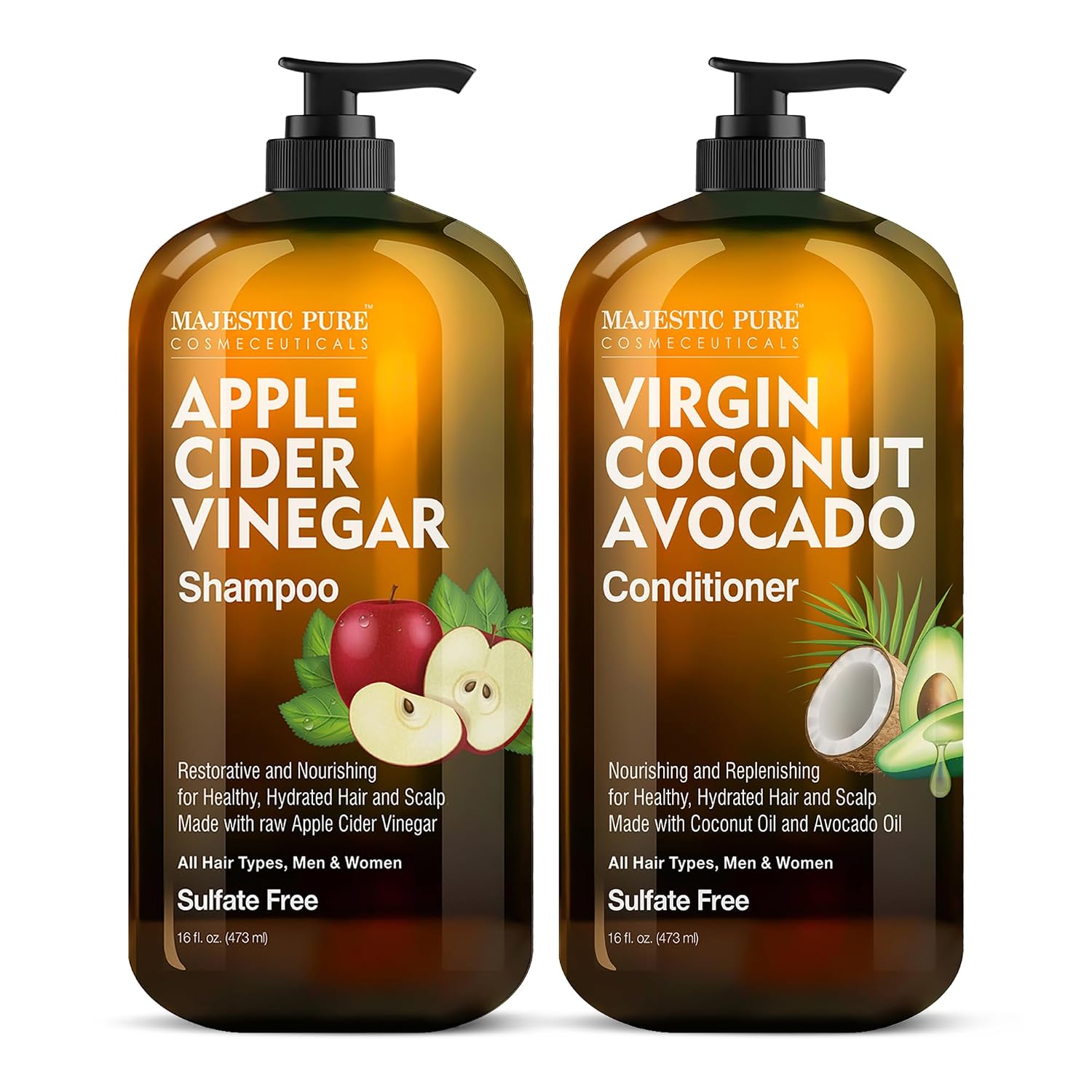 Majestic Pure Apple Cider Vinegar Shampoo & Conditioner Set, 2 x 16 Fl Oz