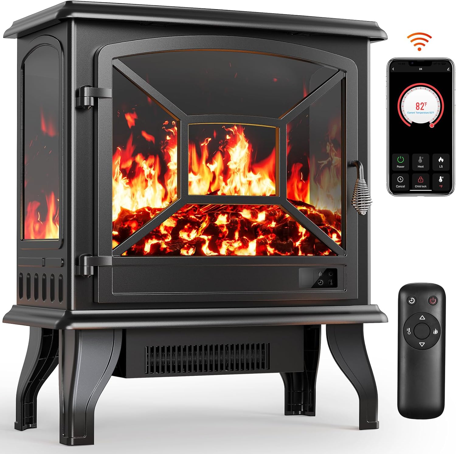 Silonn Electric Fireplace Heater, Quick Heating Portable Fireplace with App & Remote,24″ Electric Corner Fireplace Low Noise with 5 Brightness Levels,Temp Control & Timer for Living Room,Bedroom,Black