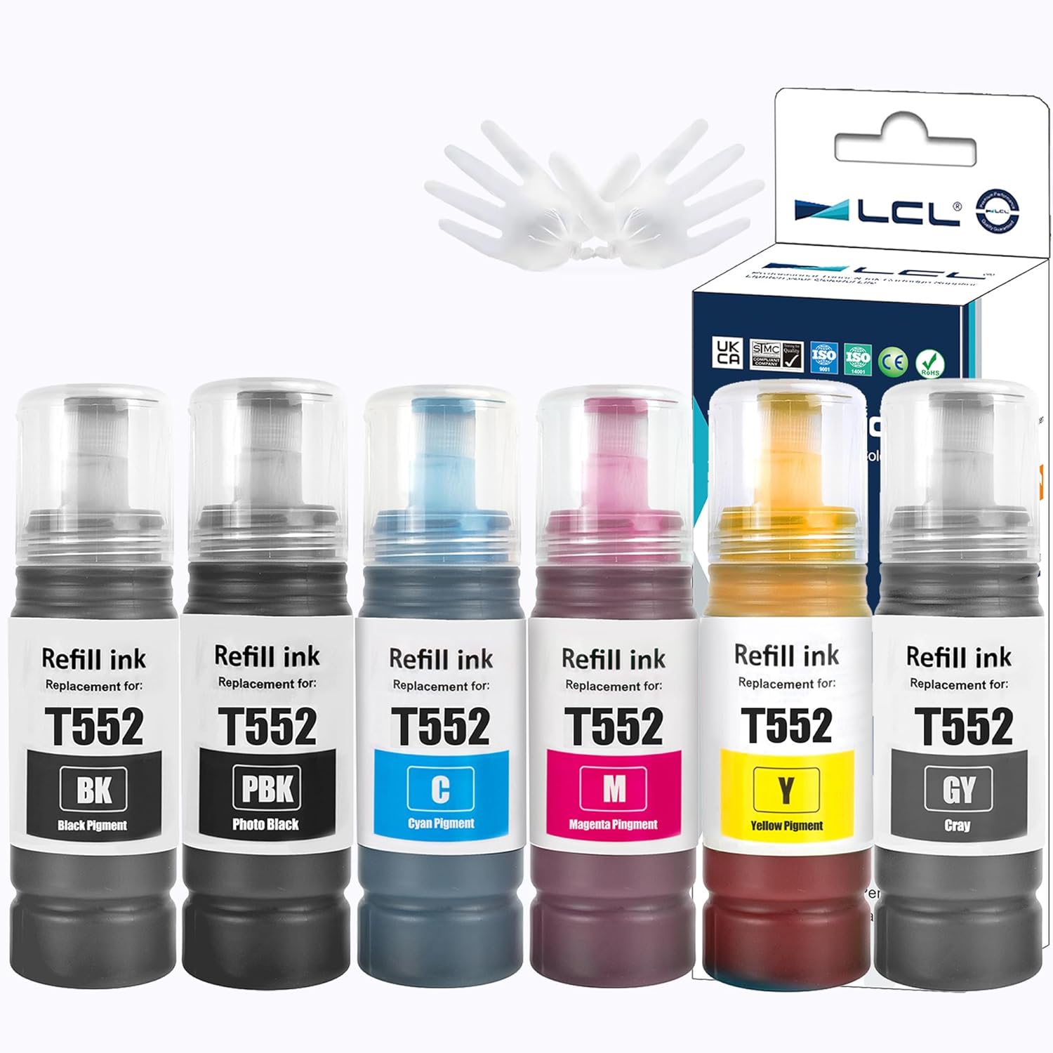 LCL Compatible Ink Refill Bottles Replacement for 552 T552 Ink Compatible with EcoTank Photo ET-8500 ET-8550 Printers (6-Pack, Black, Photo Black,Cyan,Magenta,Yellow,Gray)