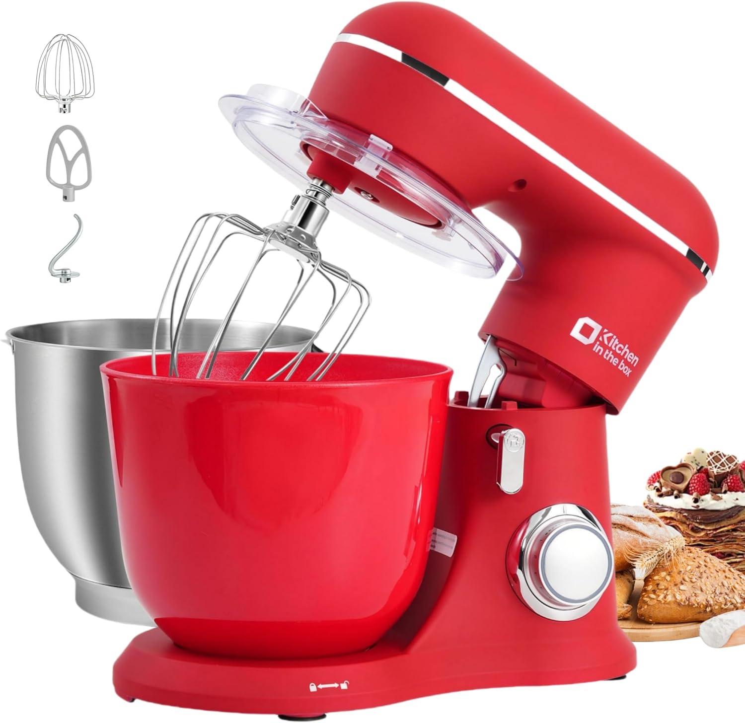 Kitchen in the box Stand Mixer, 4.5L+5L Two Bowls Food Mixer for Baking, 10 Speeds Electric Kitchen Appliance with Dough Hook, Whisk, Beater, 1300W Matte for Home Baking (Red)