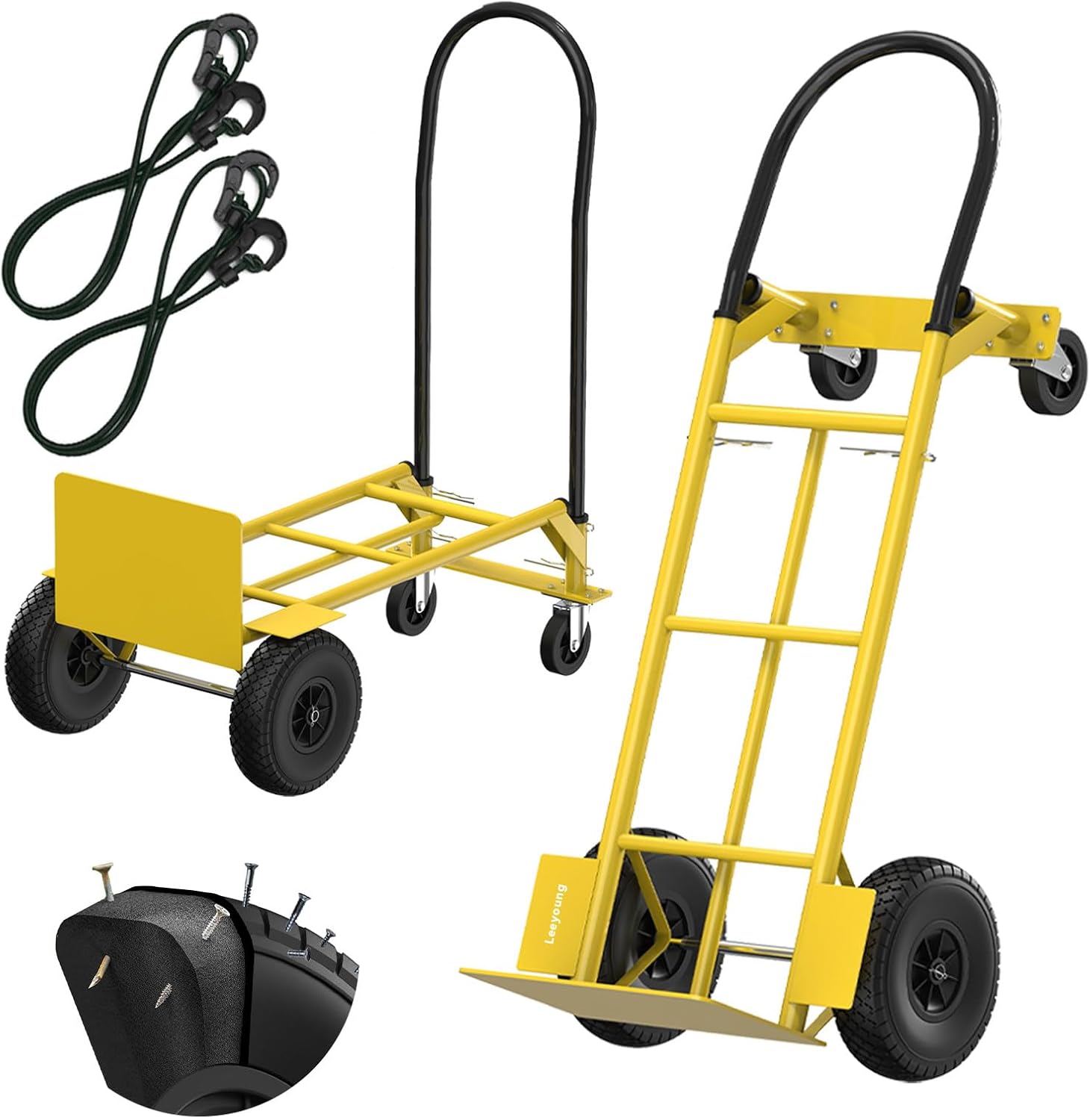 Leeyoung 2-in-1 Convertible Hand Truck 800Lbs Capacity - Heavy Duty Dolly Cart & Moving Dolly with 10" PU Solid Tires,Foldable Hand Truck & Folding Cart for Industrial, Warehouse, Home Use