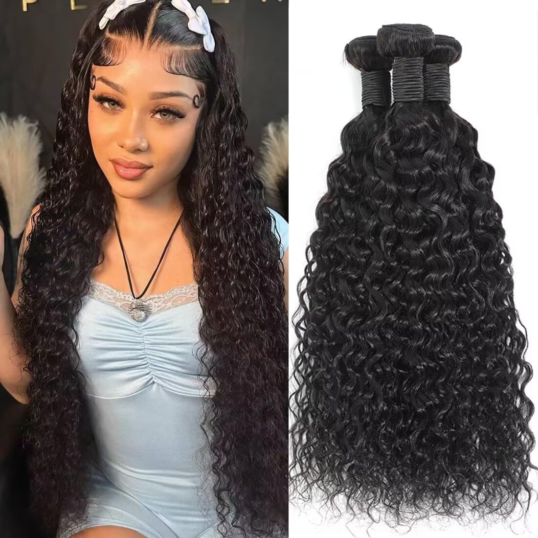 Water Wave Human Hair Bundles 16 18 20 Inch 12A 100% Unprocessed Brazilian Virgin Hair Curly Bundles Human Hair Can be Dyed Wet and Wavy 3 bundles Curly Weave Bundles Natural Black Color