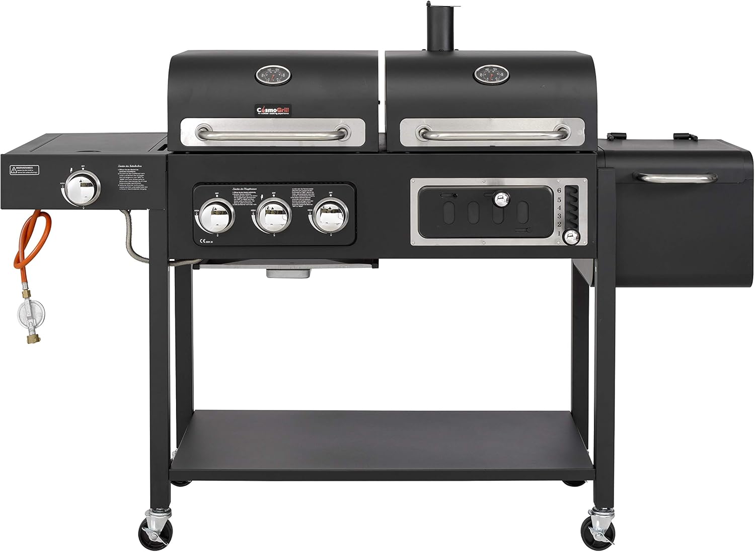 CosmoGrill Hybrid 4 Burner Barbecue DUO Dual Fuel BBQ 3+1 Gas Grill & Charcoal Smoker BBQ Grill, Built-in Thermometer, Warming Rack, Outdoor Portable Large Coal Barbecue for Home Garden Party Cooking