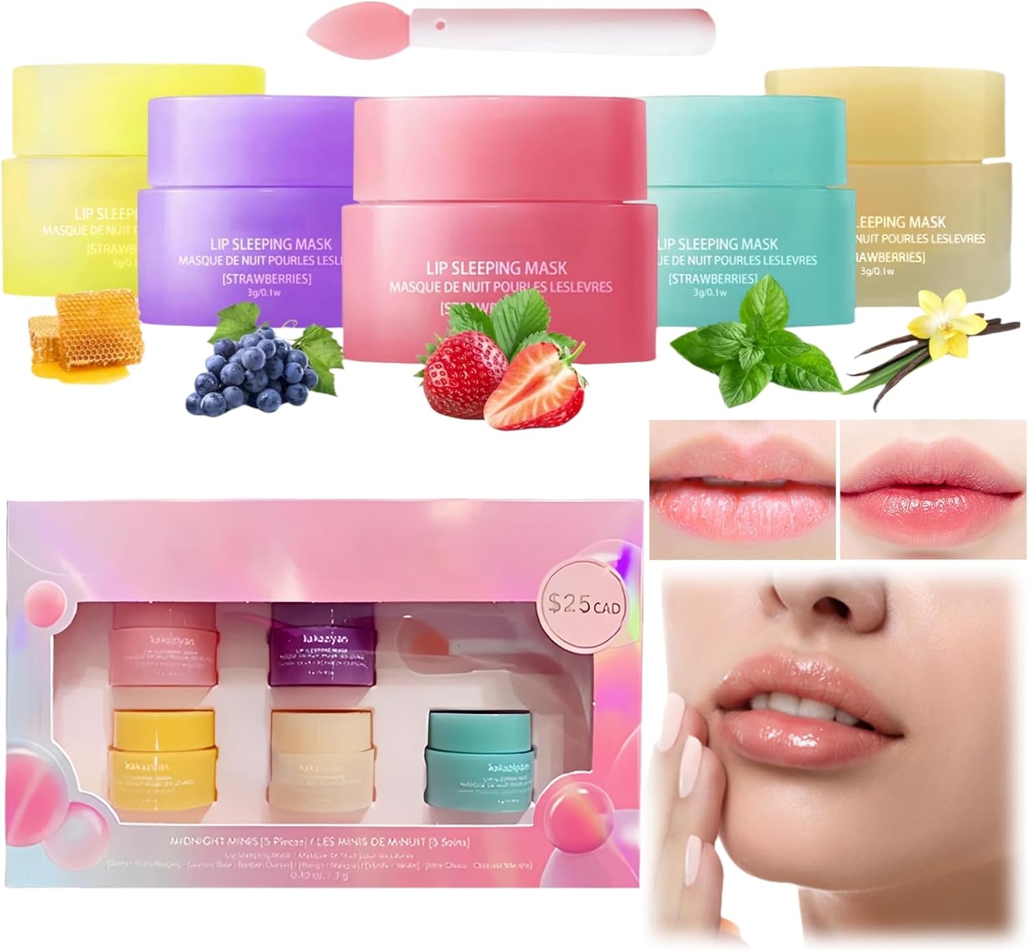 5PCS Lip Sleeping Mask and Balm Set - Day and Night Repair, Overnight Mask for Chapped, Cracked, Dry Lips - Glossier Hydrating Moisturiser - Lip Care
