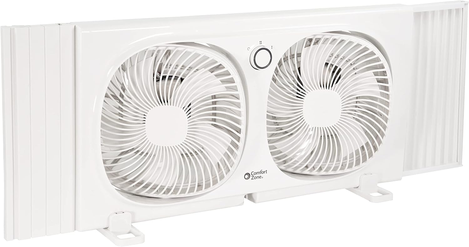 Comfort Zone CZ329WT 9" Dual Window Fan with 180° Rotating Fans, 2-Speeds, Plastic Removable Bug Screen, Individually Rotating Fan Heads, White