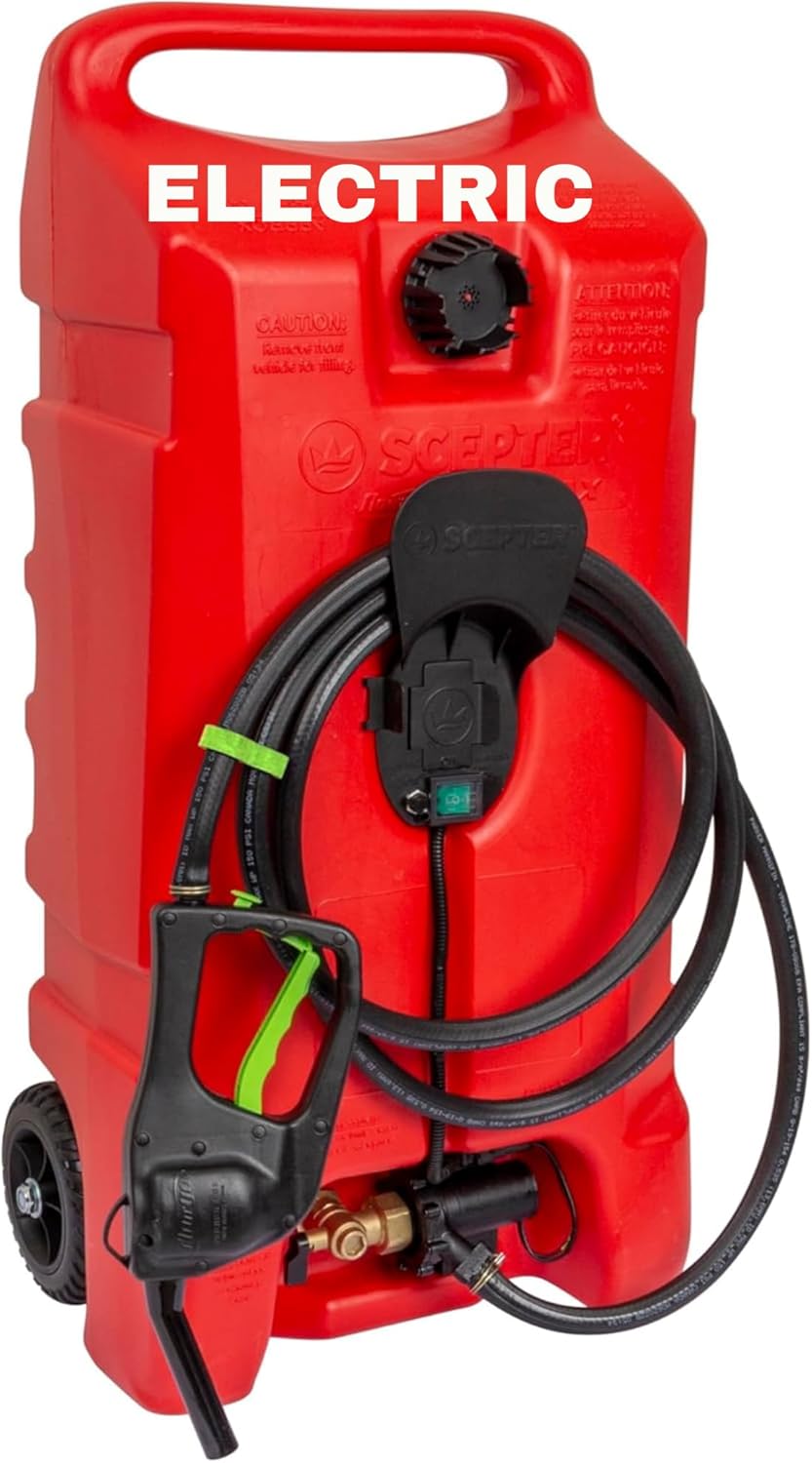 Scepter 14 Gallon Gas Caddy with Electric Fuel Pump, Flo ‘N Go Powered Portable Fuel Tank with Fill-Rite Transfer Pump and 10-Foot Hose for Farm, Marine, Commercial, and Home Use, Gasoline, Red
