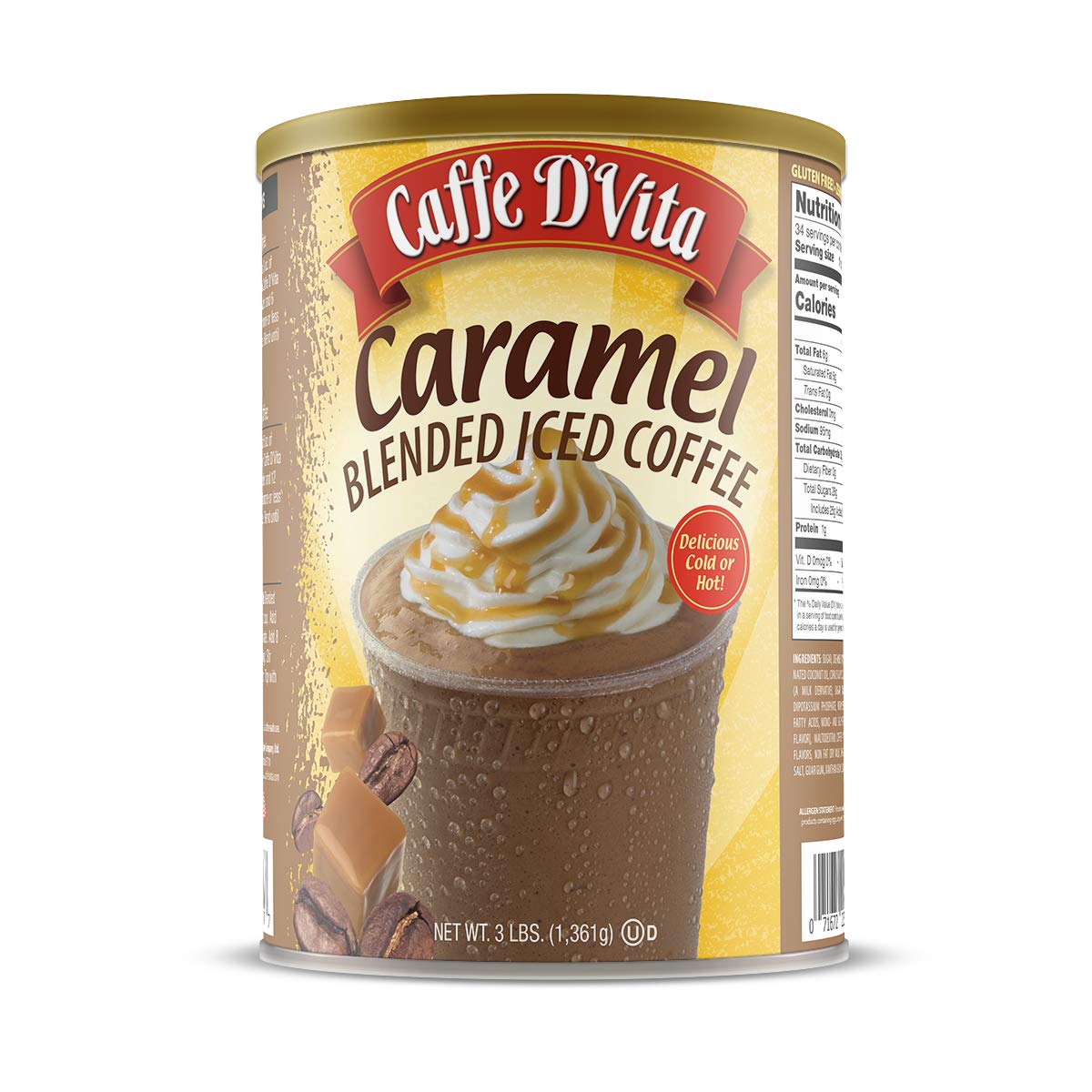 Caffe D'Vita Caramel Blended Ice Coffee - Caramel Frappe Mix, Gluten Free, No Cholesterol, No Hydrogenated Oils, No Trans Fat - 3 Lb Can