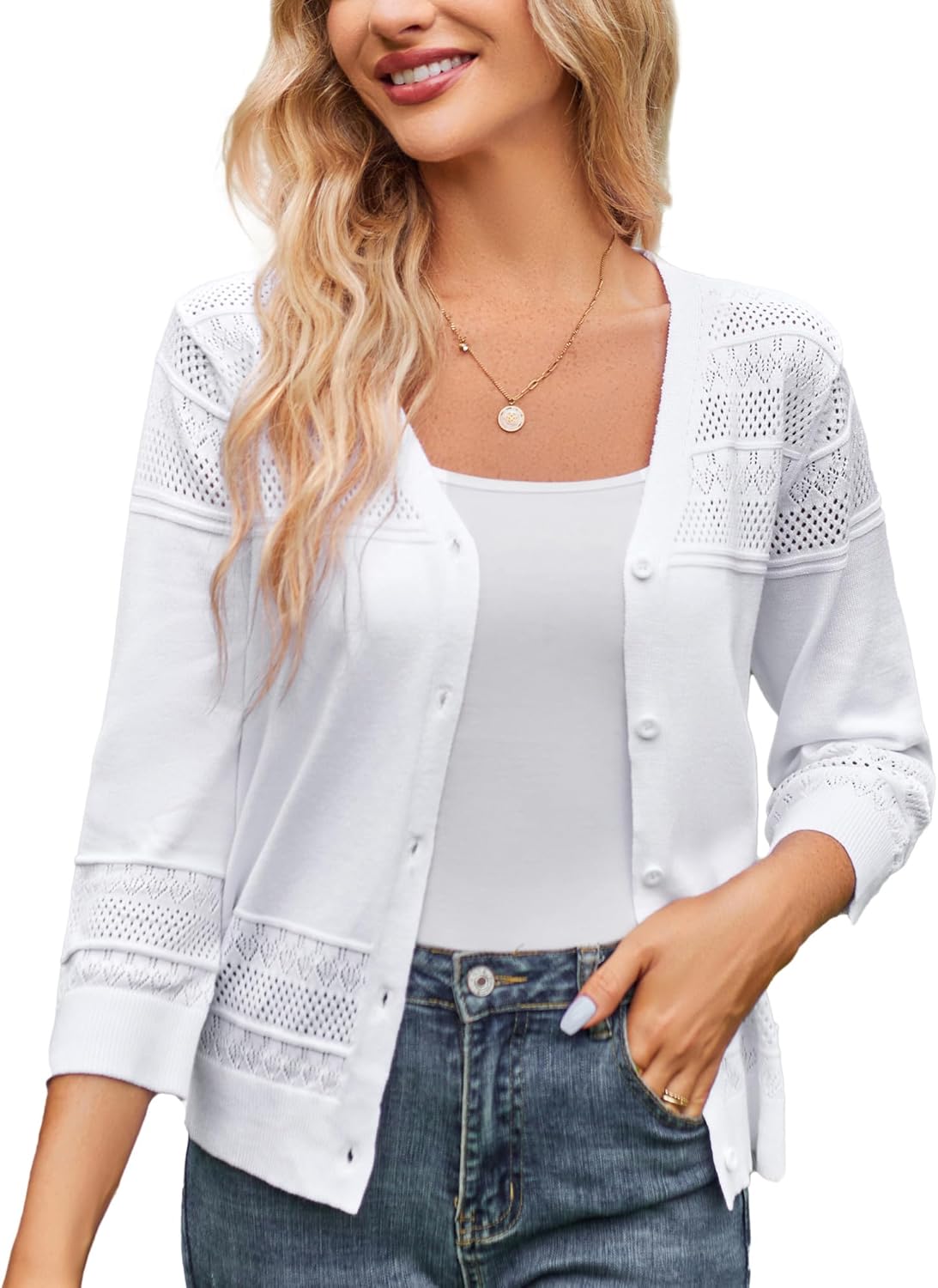 GRACE KARIN Women's 2025 Cropped Cardigan 3/4 Sleeve Lightweight Crochet Shrug Hollowed-Out Knit Sweater Tops