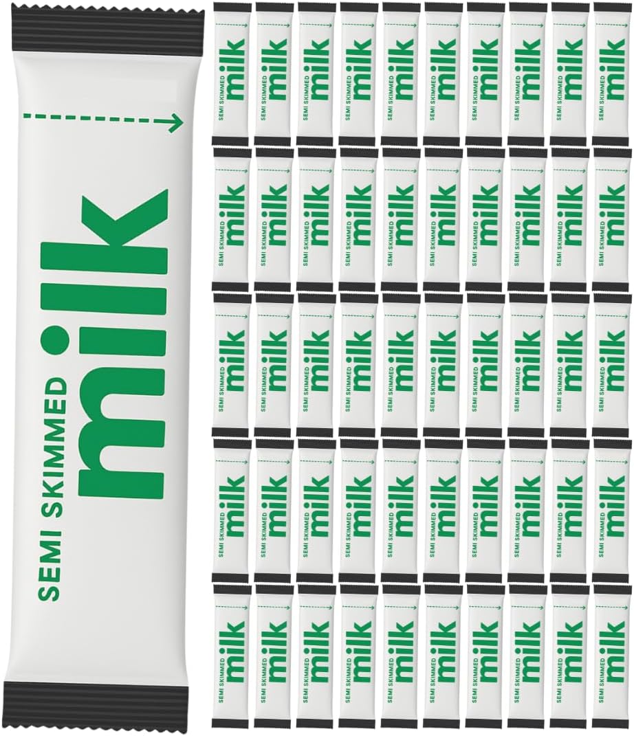 Milk Sachet Bundle – 50 x UHT Semi Skimmed Milk Sticks – Long Life Individual Portions for Coffee, Tea, Travel, Hotel, Office – WoodzyCo Exclusive