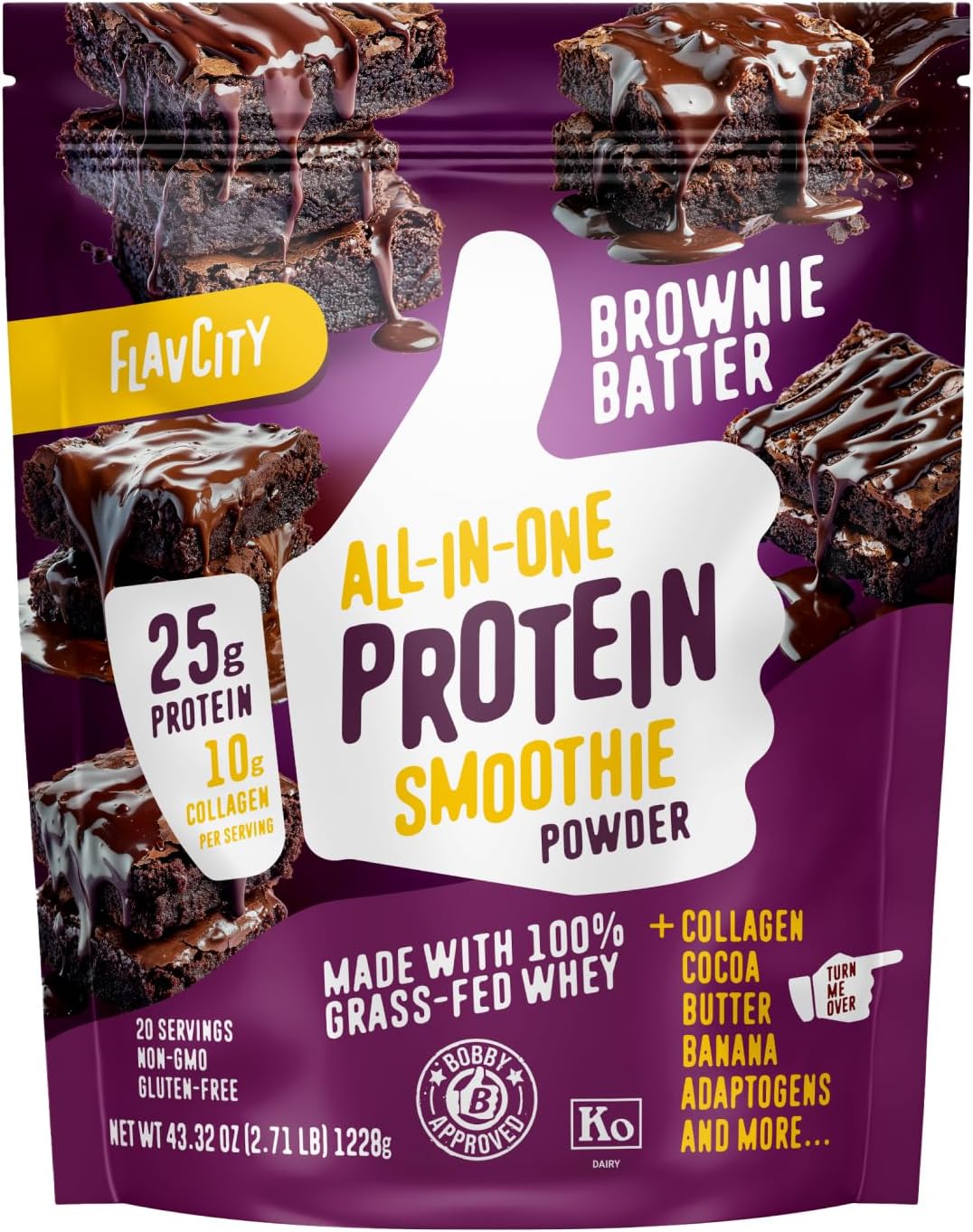 FlavCity Grass Fed Whey Chocolate Protein Powder - Brownie Batter - 25g Protein & 10g Collagen - Made with Organic Cocoa & Coconut Milk - Gluten Free & No Added Sugars (20 Servings)