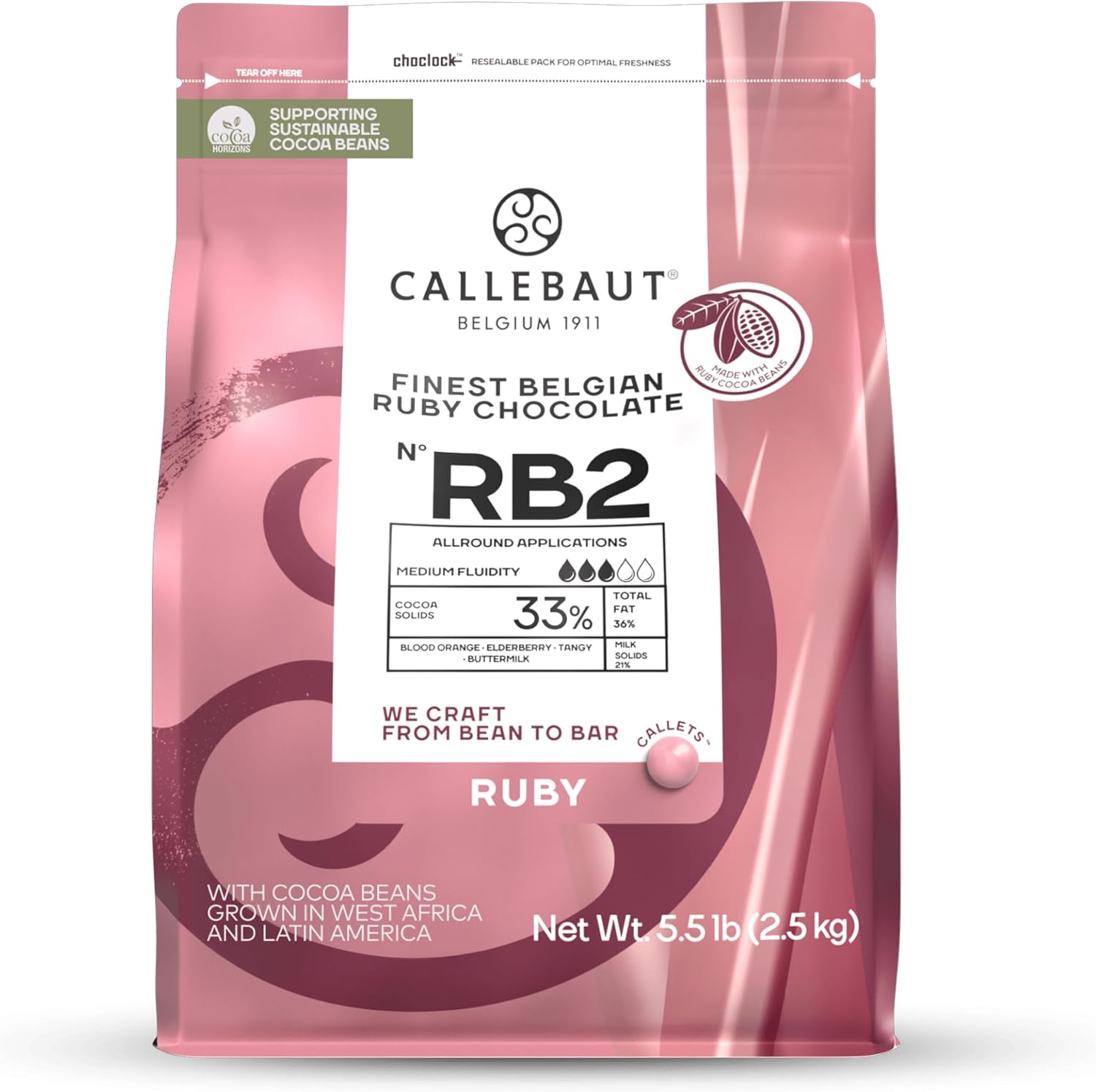 Callebaut RB2 Finest Belgian Ruby Chocolate Couverture Callets 32.8% 2.5kg