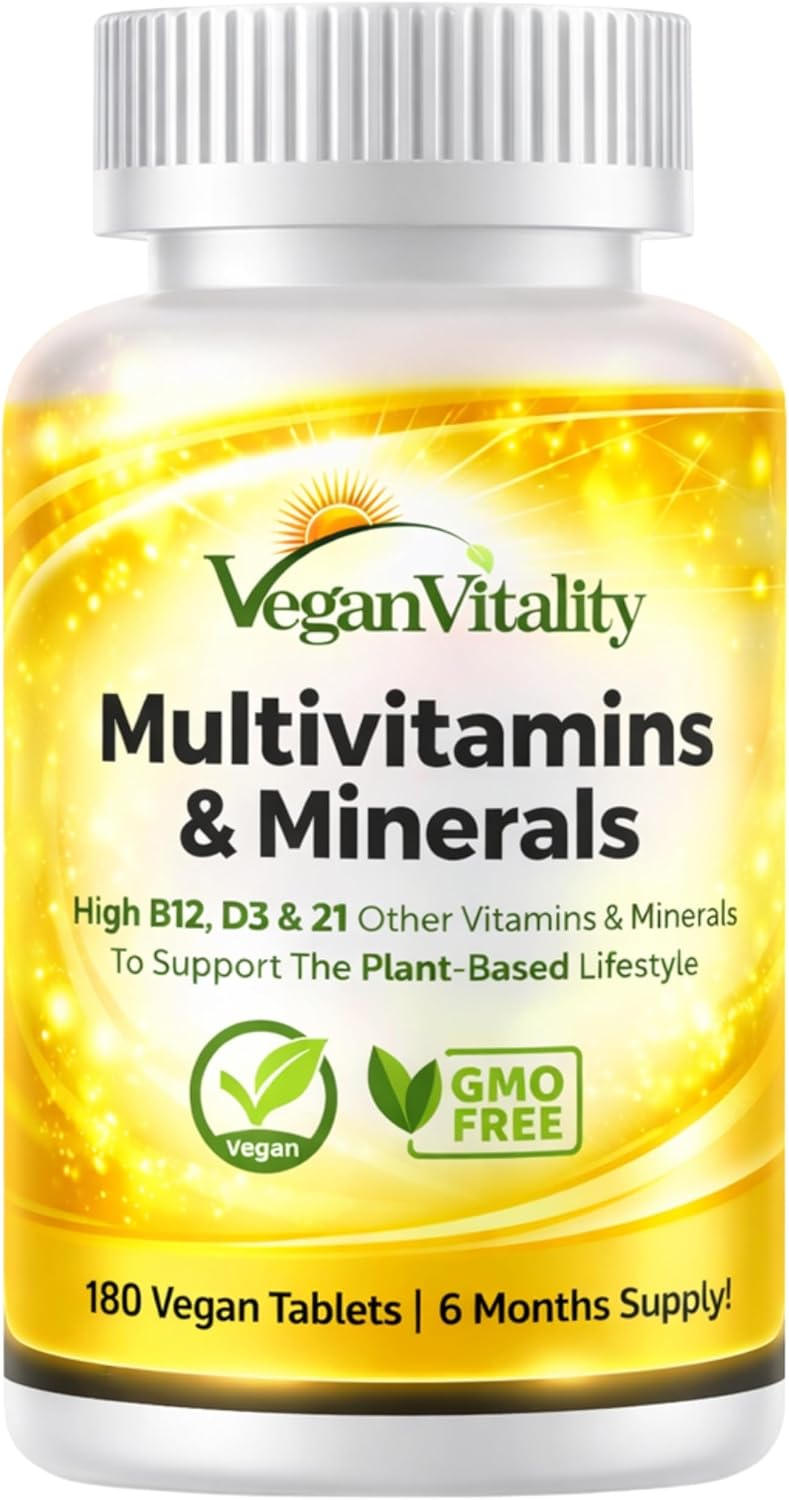 Vegan Vitality Multivitamins & Minerals with High Strength Vitamin B12, D3 & K2. 180 Multivitamin Tablets - 6 Months Supply. Multivitamin Tablets for Women and Mens Multivitamin. Suitable for Vegans
