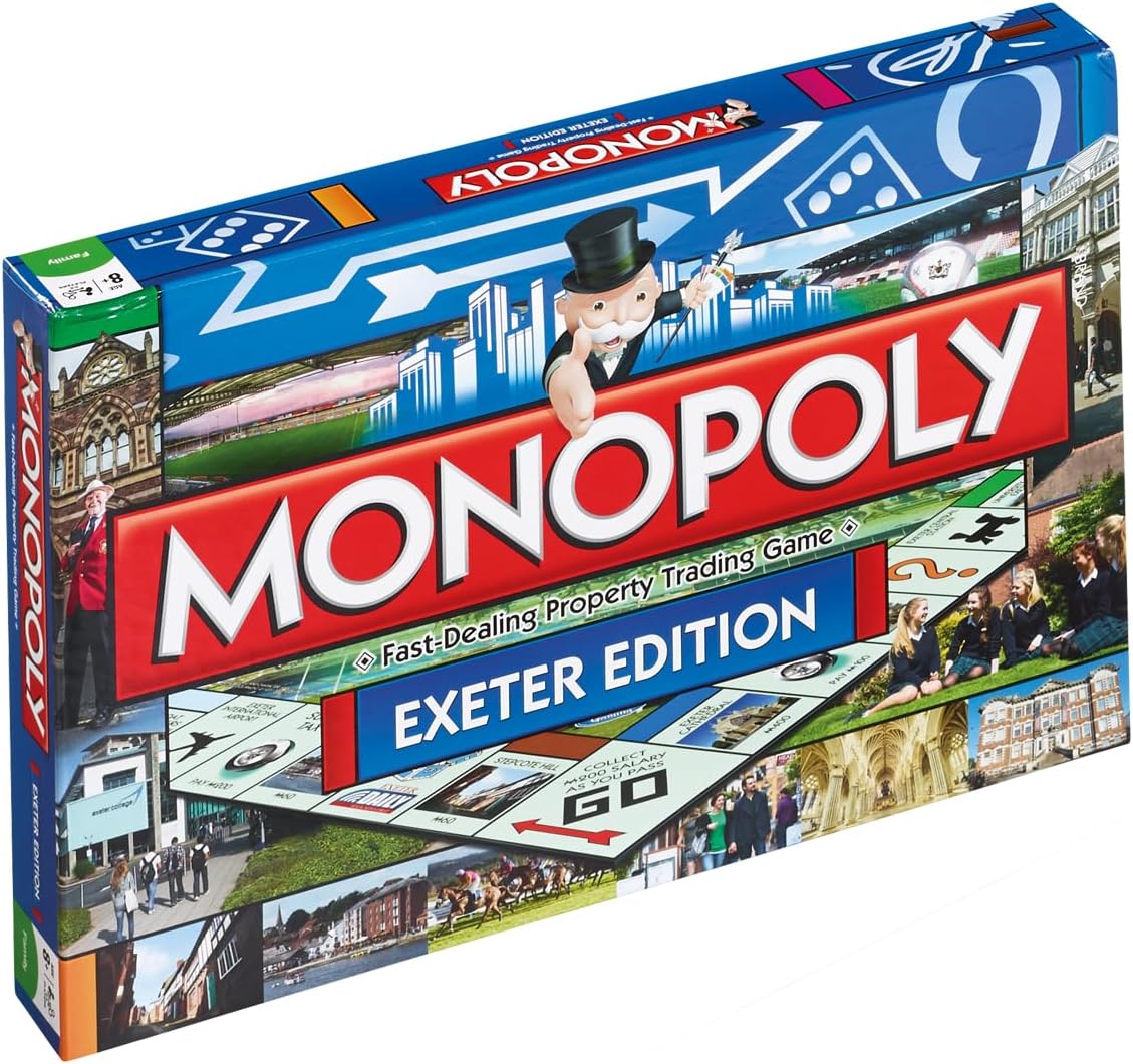 Winning Moves Exeter Monopoly Board Game, Advance to Royal Albert Memorial Museum, Crealy Great Adventure Park or Exeter Cathedral and trade your way to success, makes a great gift for ages 8 plus