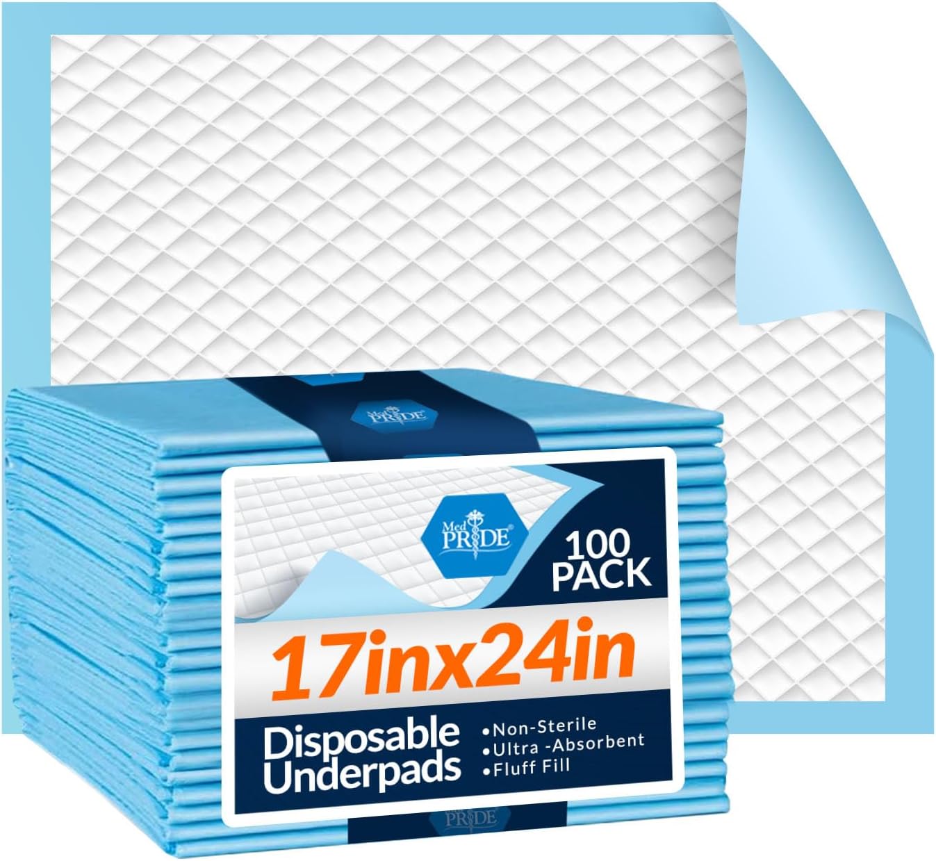 Medpride Disposable Underpads 17'' x 24'' (100-Count) Incontinence Pads, Bed Covers, Puppy Training | Thick, Super Absorbent Protection for Kids, Adults, Elderly | Liquid, Urine, Accidents