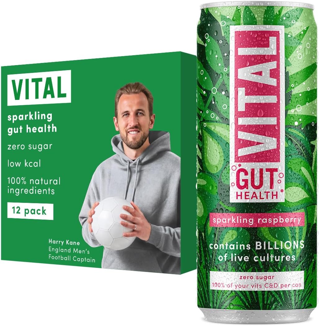 VITAL Raspberry Gut Health Drink Contains 100% of Vitamins C and D, Sugar Free, Zero Calories, Raspberry Flavoured Sparkling Water, Contains 12 x 330ml cans