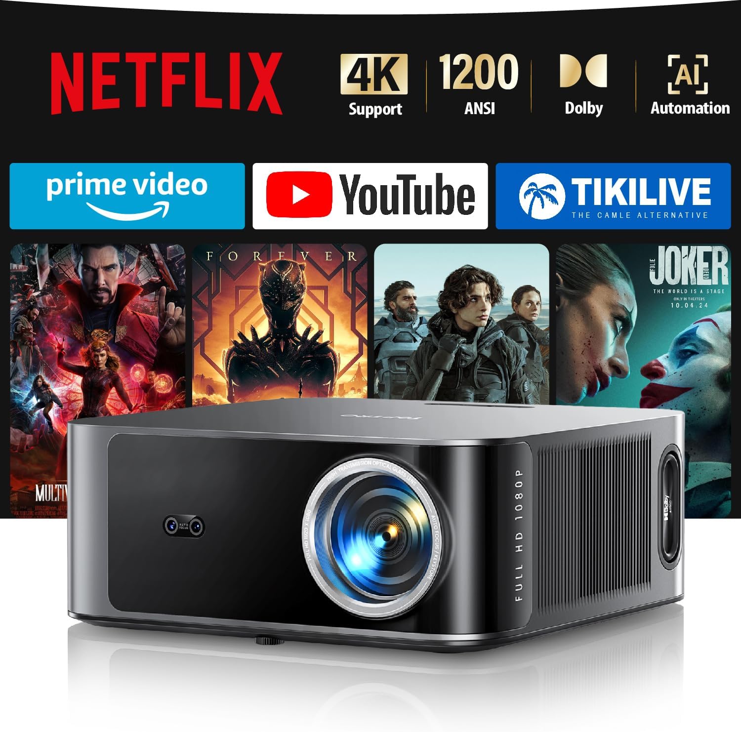 【NetfIix Officially & 36W DoIby Audio】Projector, 1200ANSI Smart Projectors FHD 1080P 4K Supported Auto Focus & Keystone, Two-Way Bluetooth WiFi 6, Built-in Apps, Home Cinema Projectors for Bedroom
