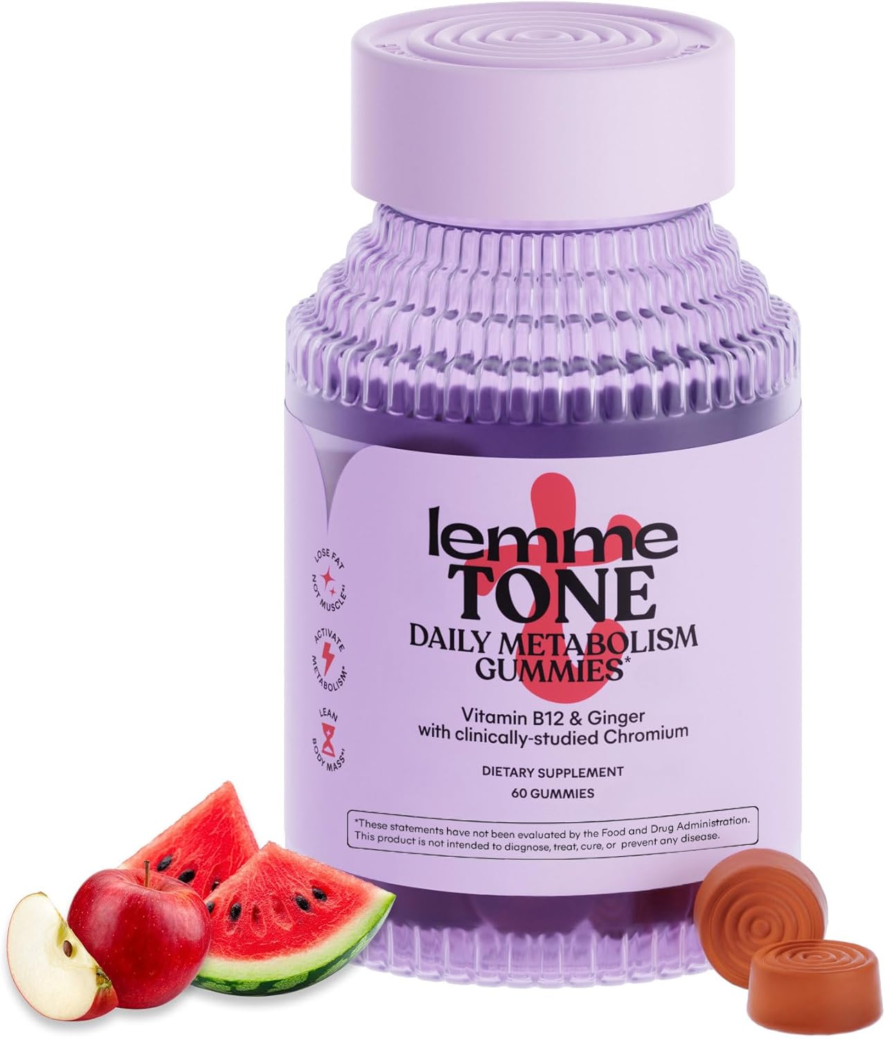 Lemme Tone Metabolism Gummies, Apple Cider Vinegar, Clinically Studied Chromium, B12, Ginger, Promote Lean Body Mass, Watermelon Apple Flavor (30 Day Supply)