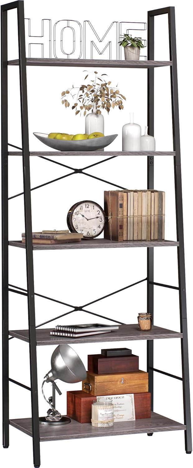 Yusong Bookshelf, Ladder Shelf 5-Tier Bookcase for Bedroom, Industrial Book Shelves Storage Rack with Metal Frame for Home Office, Gray Oak