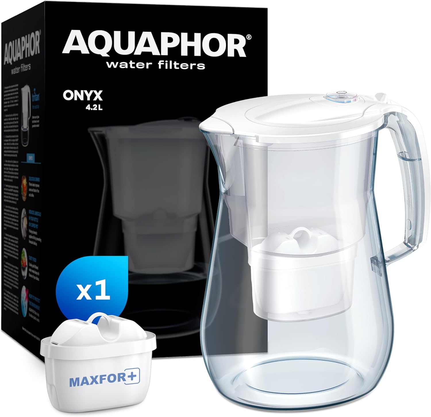 AQUAPHOR Onyx White Water Filter Jug - Counter Top Design with 4.2L Capacity, 1 X MAXFOR+ Filter Included Reduces Limescale Chlorine & Microplastics Perfect for Families