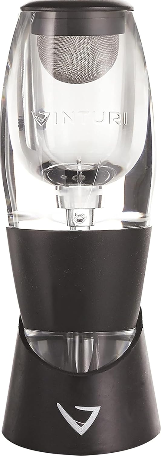 Vinturi Wine Aerator Pourer and Decanter for Red Wines Patented Design Perfectly Aerates Wines By The Glass or Bottle With Distinctive Sound, Includes No-Drip Base & Sediment Screen, Black
