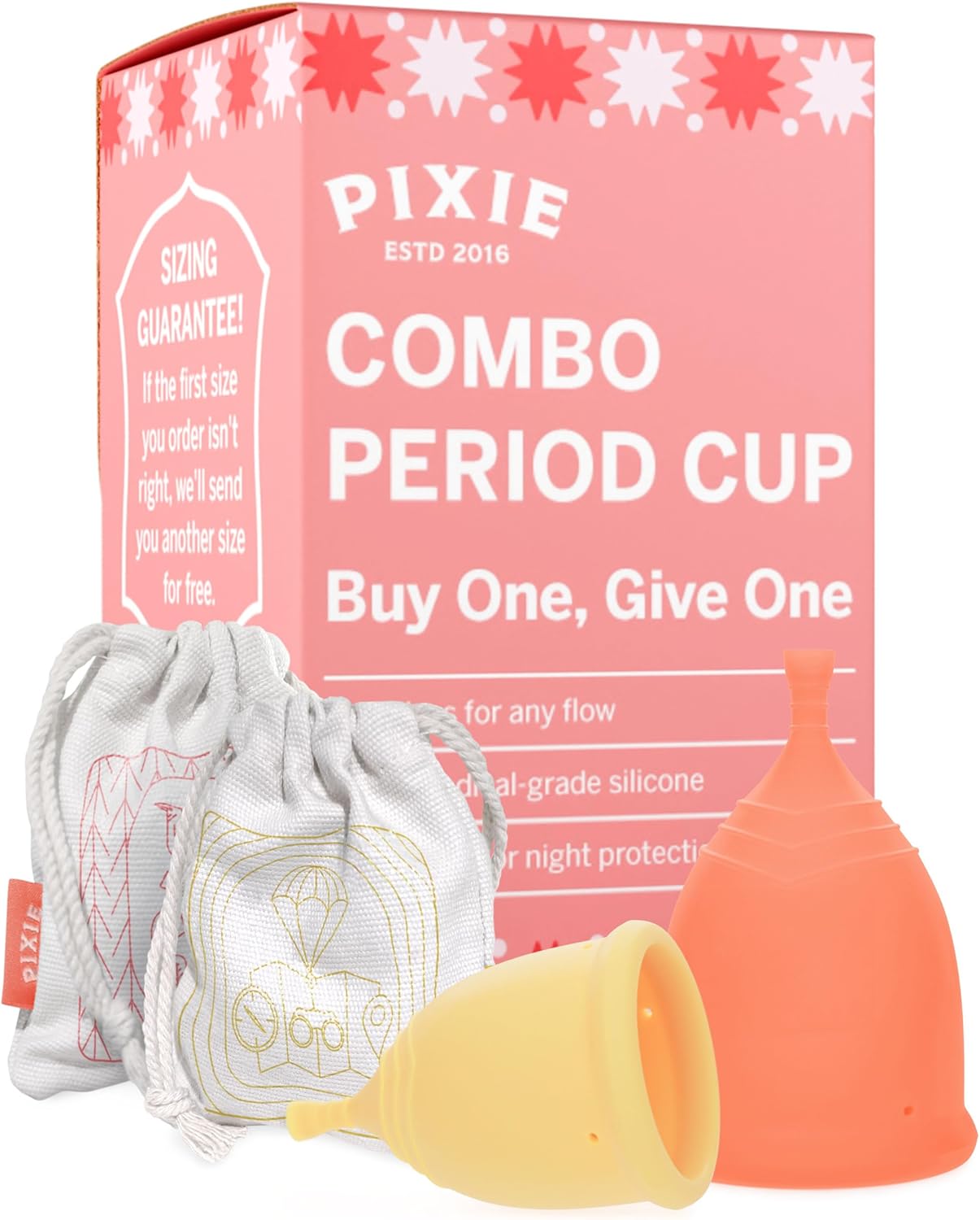 Pixie Menstrual Cup - No Metals or Toxins - 100% Medical-Grade Silicone - Ranked 1 for The Most Soft Reusable Period Cup - Wear 12 Hours - Tampon Alternative - Buy One We Give One (Small + Large)