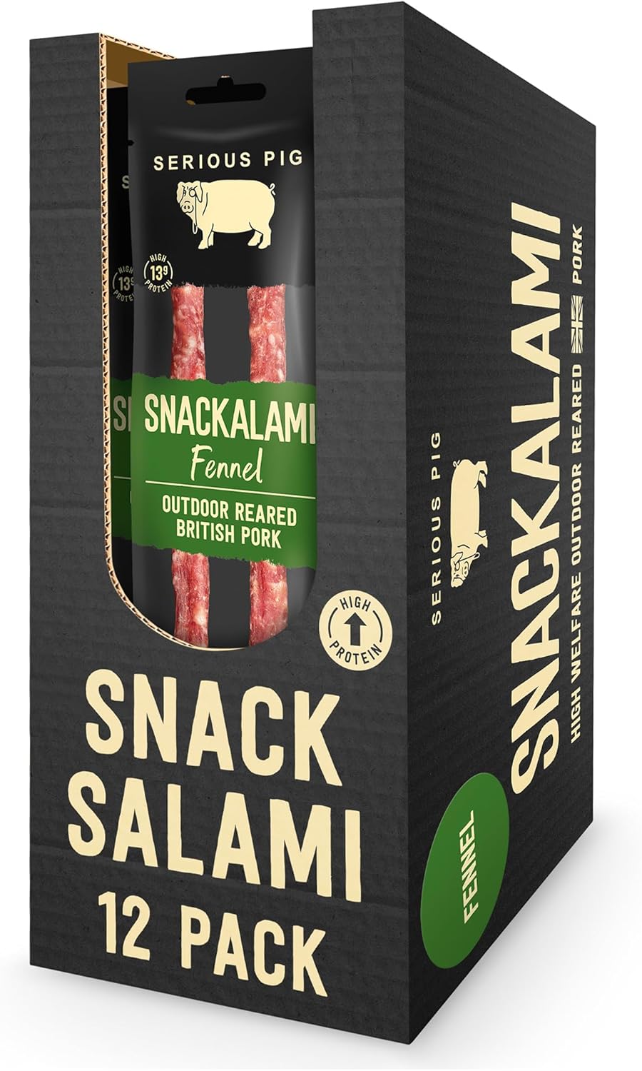 SERIOUS PIG - Salami Snacks (12x 30g) Fennel Flavour Dry Cured Meat Snacks Made with Outdoor Reared British Pork, 13g Protein.