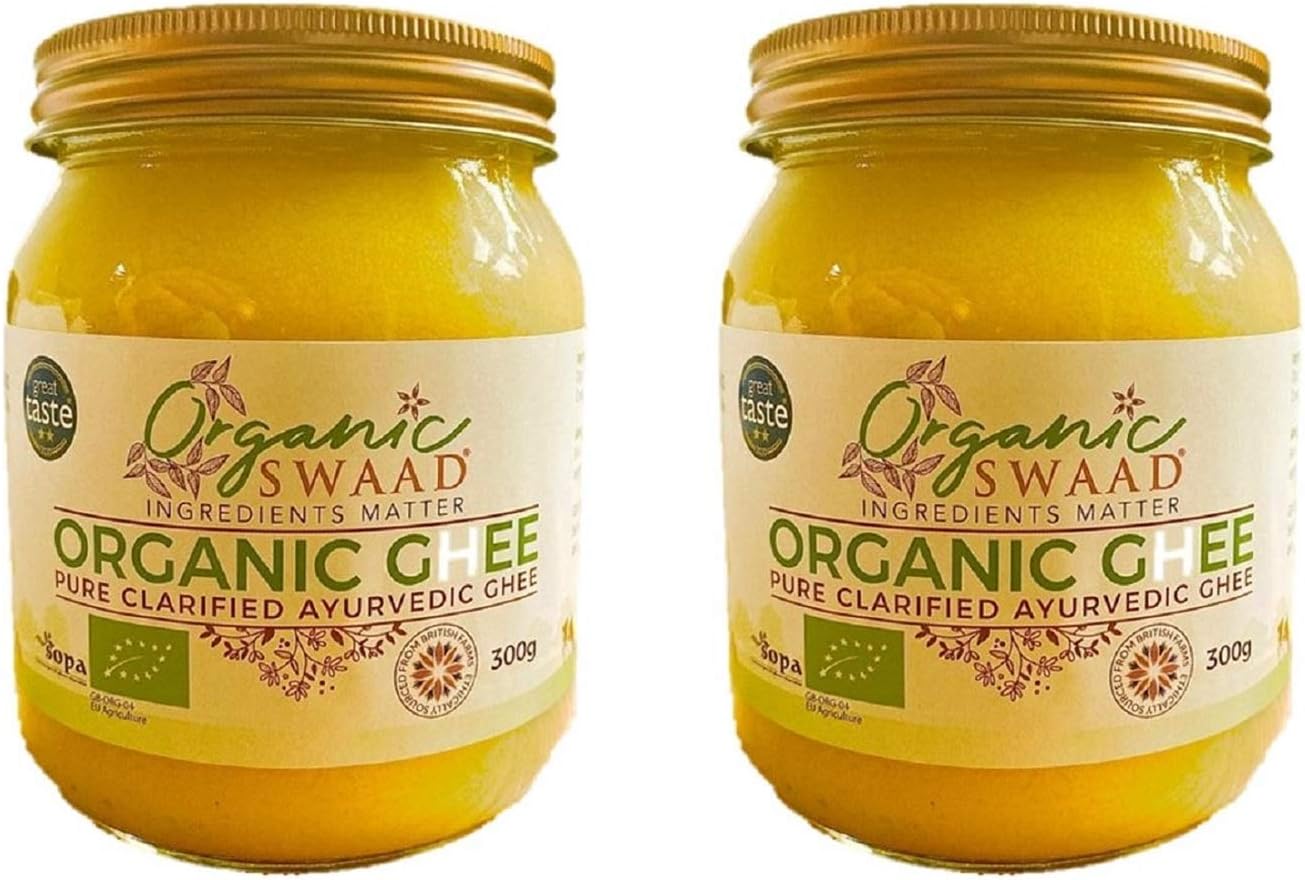 Great Taste 2020 Winner - Organic Certified - Grass Fed Cows – English Ayurvedic Clarified Ghee by Organic Swaad 600g = 300g x 2 bottles