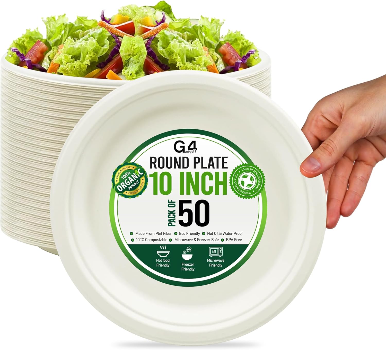 G4GADGET 50 Pack 10-Inch Bagasse Plates – Heavy Duty Compostable Dinnerware | Eco Friendly Disposable Sugarcane Plates for Parties, BBQ, Events, Camping | Biodegradable & White