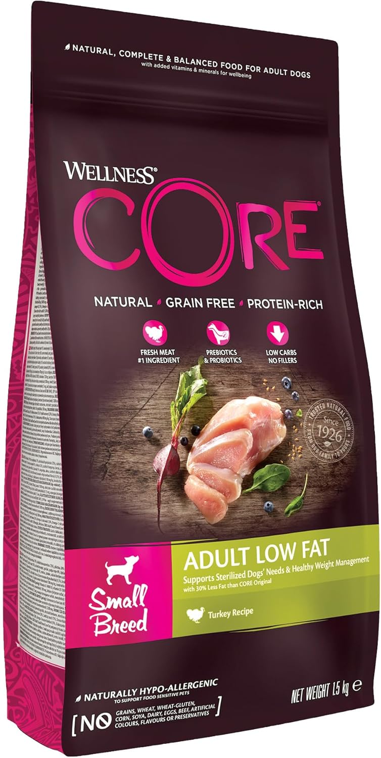 Wellness CORE Small Breed Low Fat, 1.5kg, Turkey, Dry Dog Food for Small Breeds, Grain-Free, High Meat Content, Protein-Rich, Low in Fat, Supports Healthy Weight Management