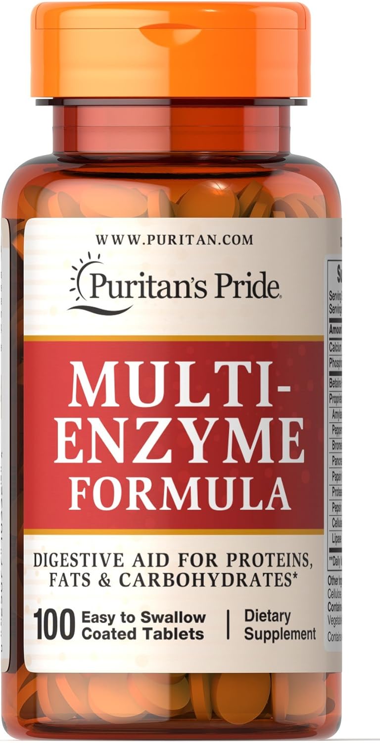 Puritan's Pride Multi-Enzyme Formula, Digestive Aid for Proteins, Fats, and Carbohydrates, Dietary Supplement for Digestion and Healthy Gut Support, 50 Day Supply, 100 Easy to Swallow Coated Tablets