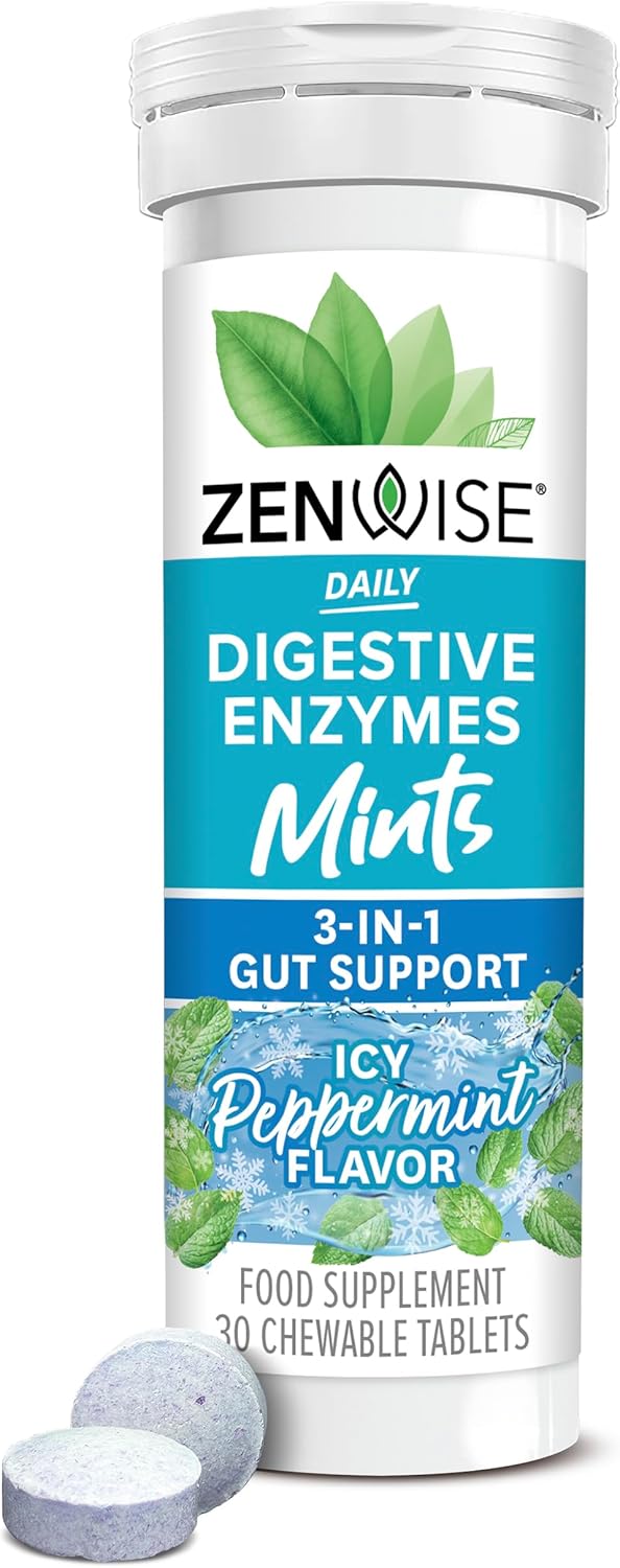 Zenwise Health Chewable Digestive Enzymes with Bromelain - Multi Enzymes for Gut Health + Bloating Relief Women Men - Peppermint, 30ct